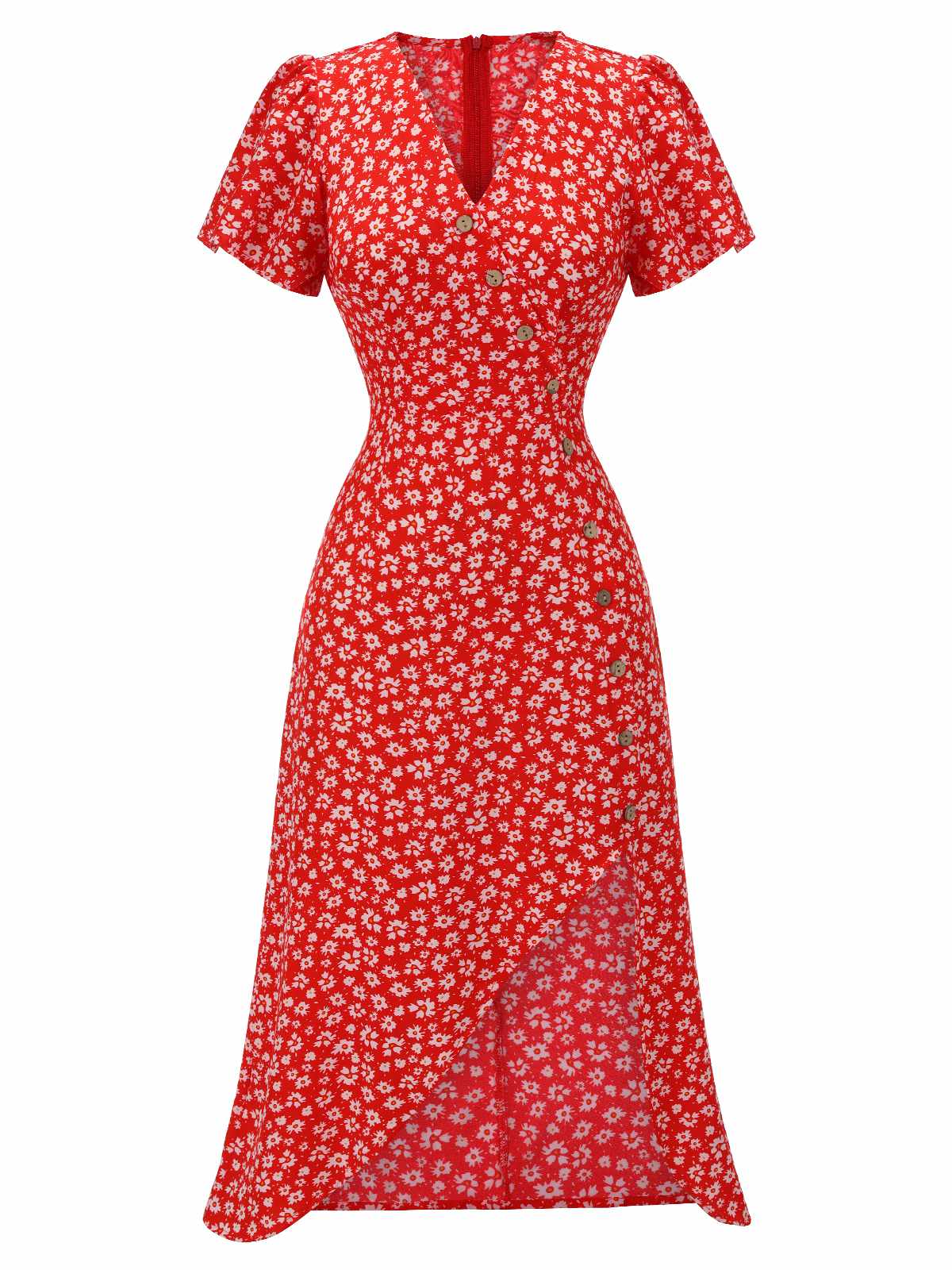Red 1940s Floral V-Neck Added Button Dress - Image 2