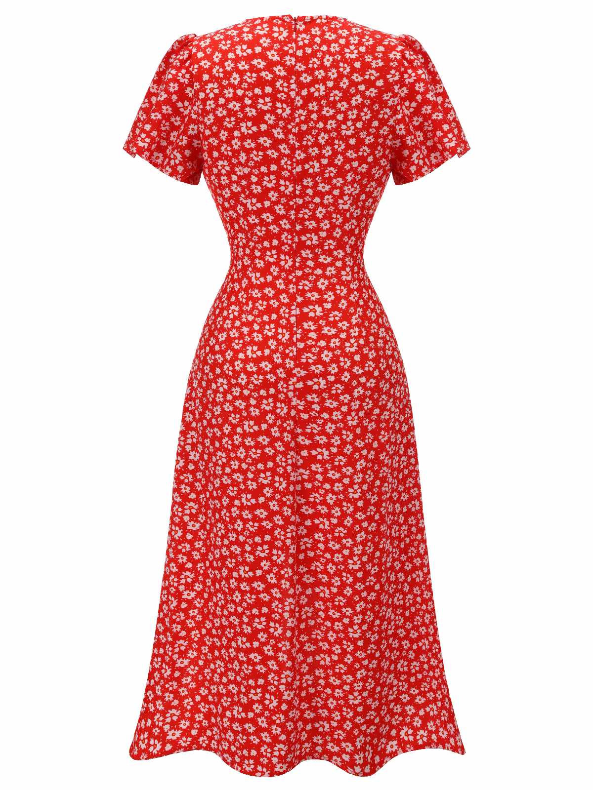 Red 1940s Floral V-Neck Added Button Dress - Image 3