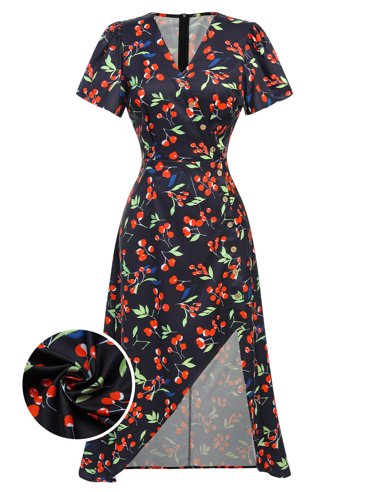 Red 1940s Floral V-Neck Added Button Dress - Image 4
