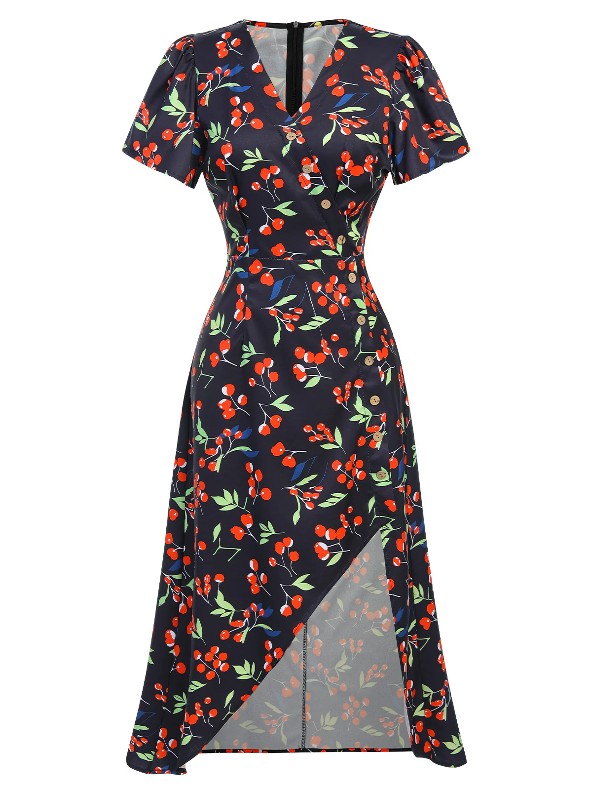 Red 1940s Floral V-Neck Added Button Dress - Image 5