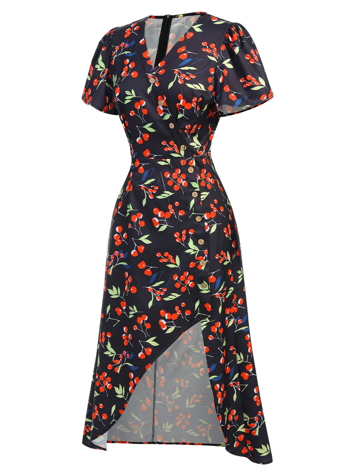 Red 1940s Floral V-Neck Added Button Dress - Image 6