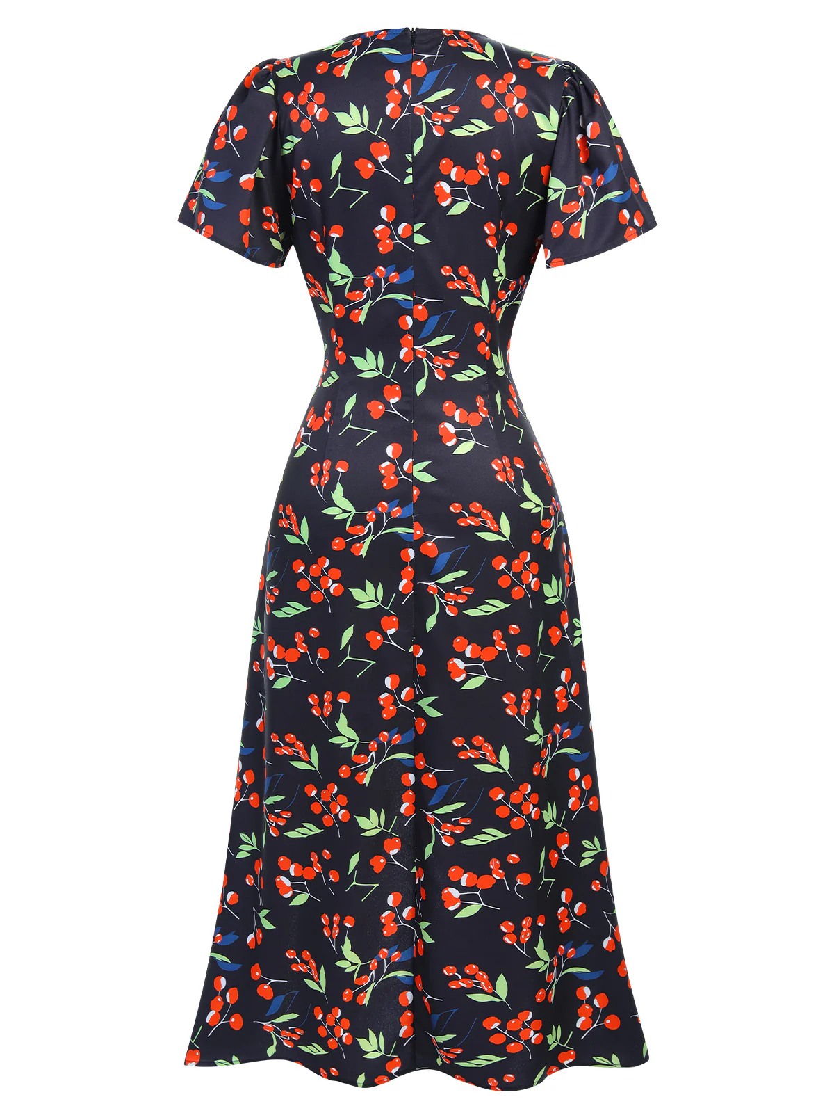 Red 1940s Floral V-Neck Added Button Dress - Image 7