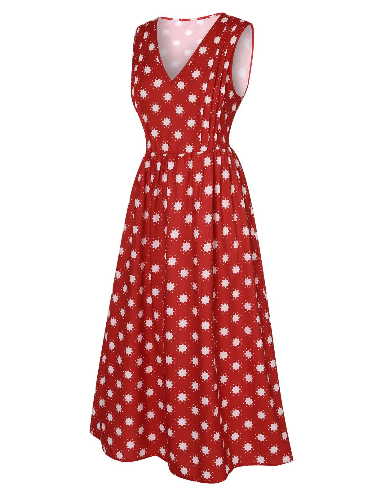 Red 1940s Floral V-Neck Sleeveless Dress - Image 3