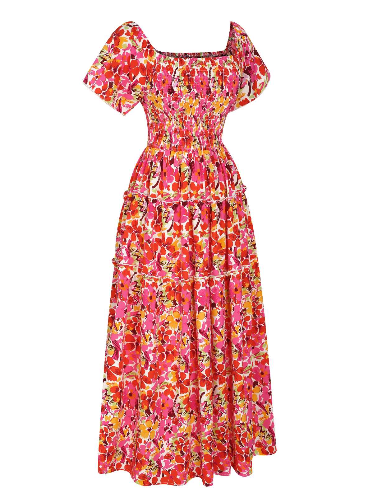 Red 1940s Flower Print Square Neck Tiered Dress - Image 2
