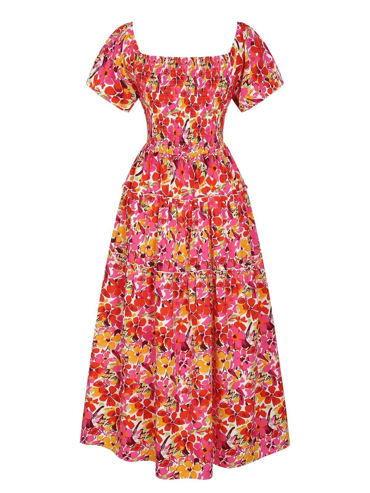 Red 1940s Flower Print Square Neck Tiered Dress - Image 3