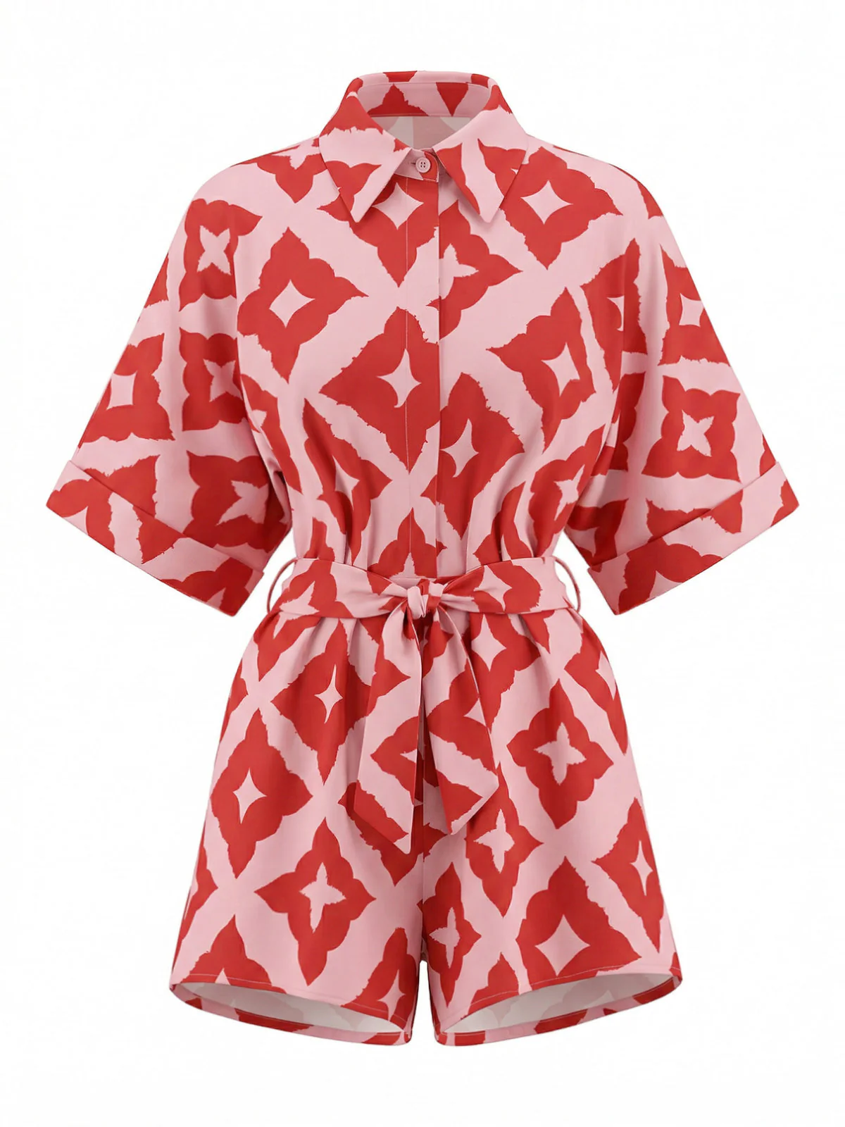 Red 1940s Geometric Floral Tie-Waist Romper - Image 2