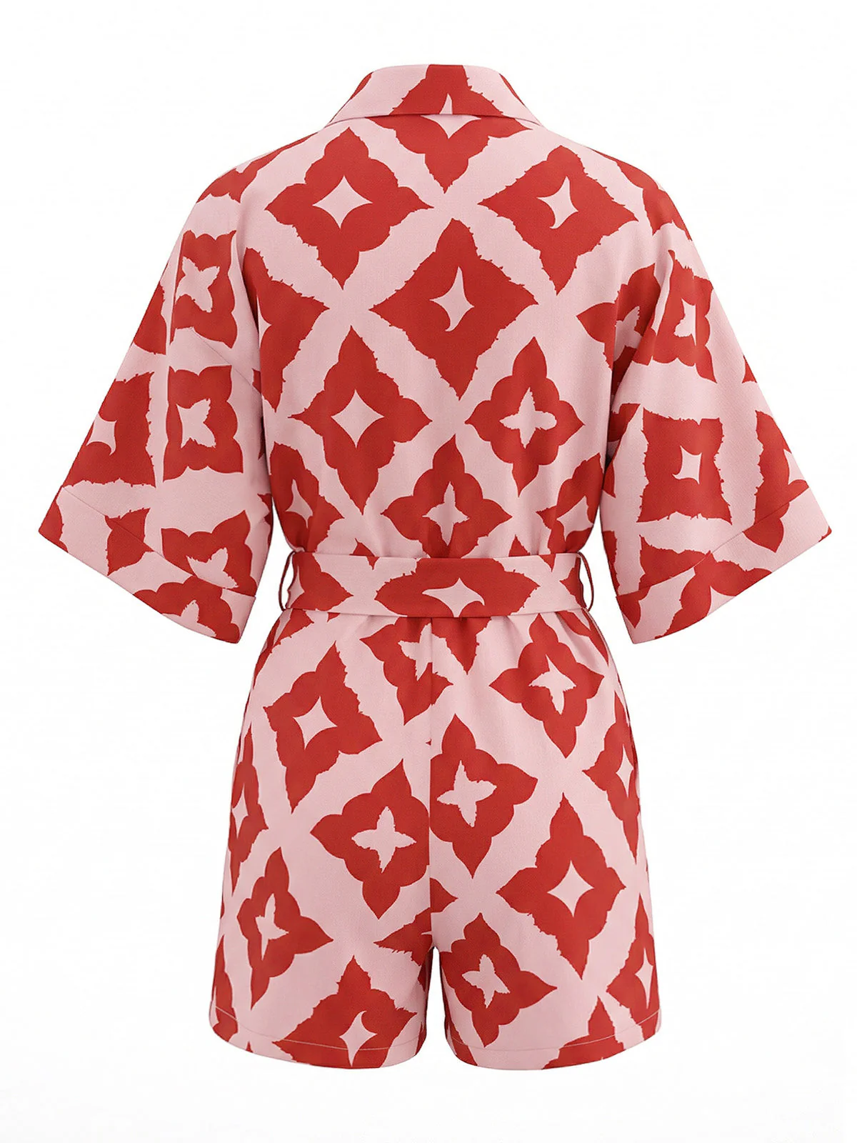 Red 1940s Geometric Floral Tie-Waist Romper - Image 3