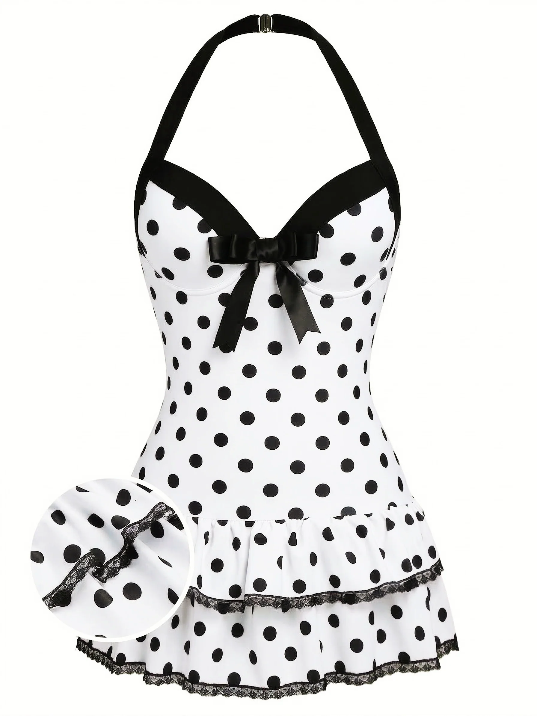 Purple 1940s Halter Polka Dots Bow One-Piece Swimsuit - Image 2