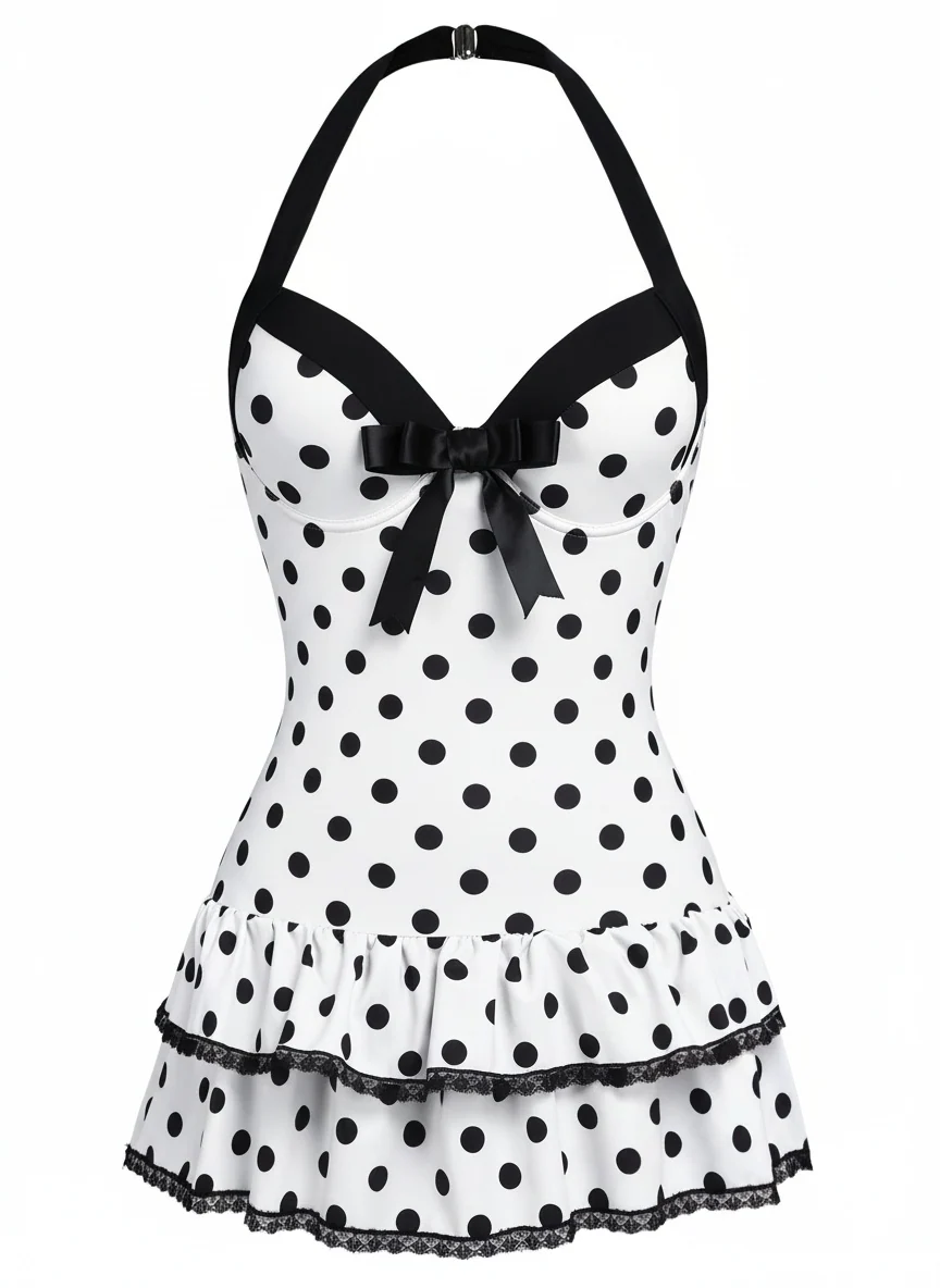 Brown 1940s Halter Polka Dots Bow Swimsuit - Image 16