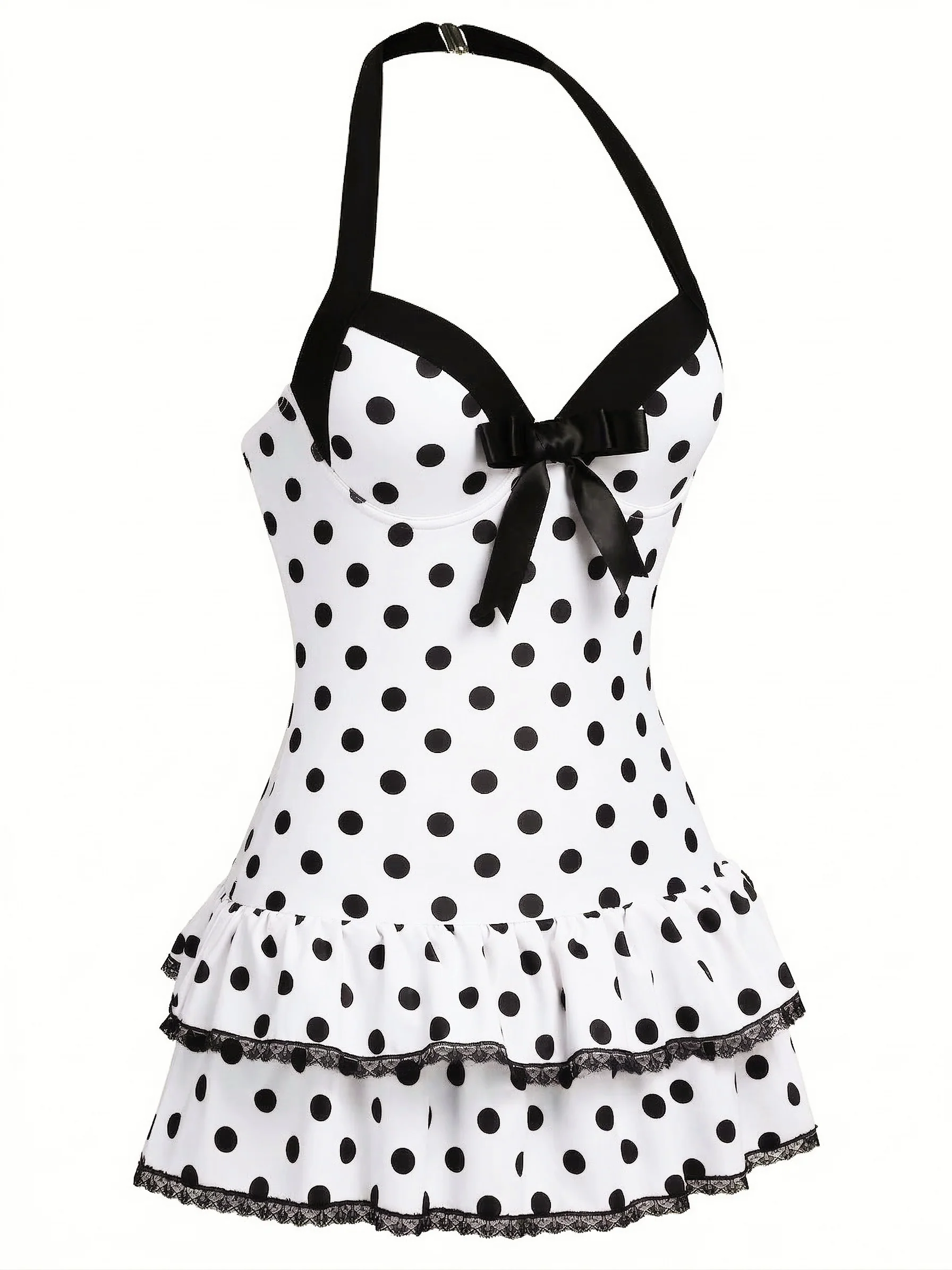 Purple 1940s Halter Polka Dots Bow One-Piece Swimsuit - Image 4