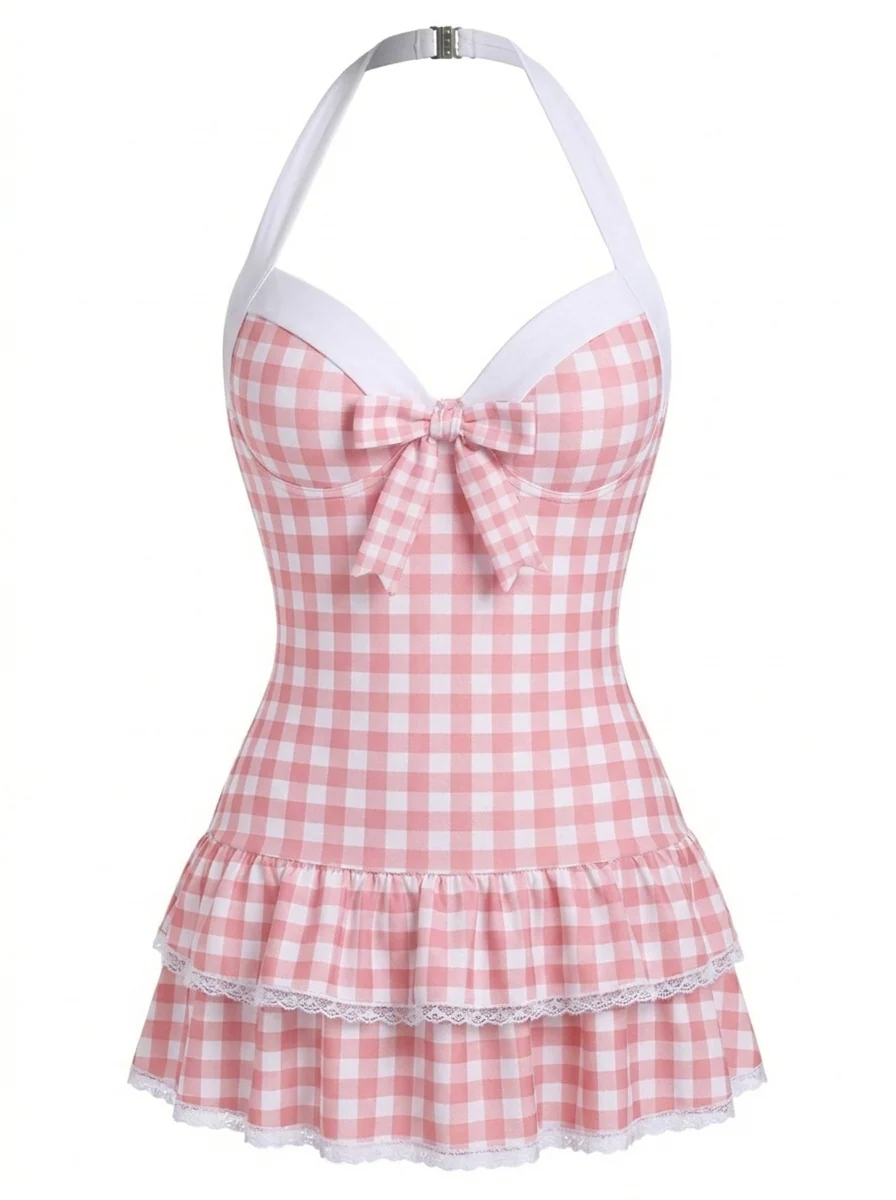 Beige 1940s Halter Polka Dots Bow One-Piece Swimsuit - Image 2