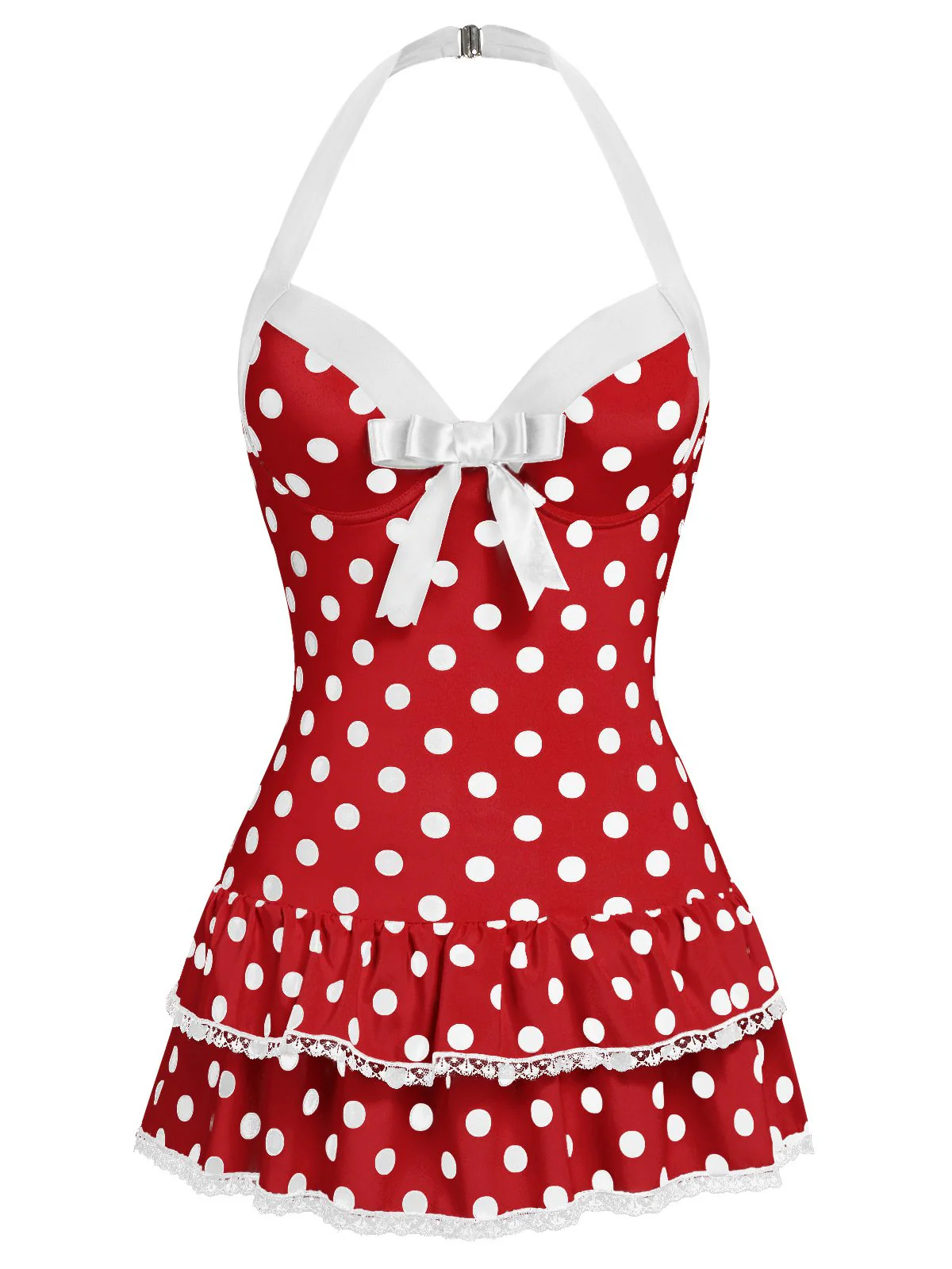 [US Warehouse] Blue 1940s Halter Polka Dots Bow One-Piece Swimsuit - Image 14
