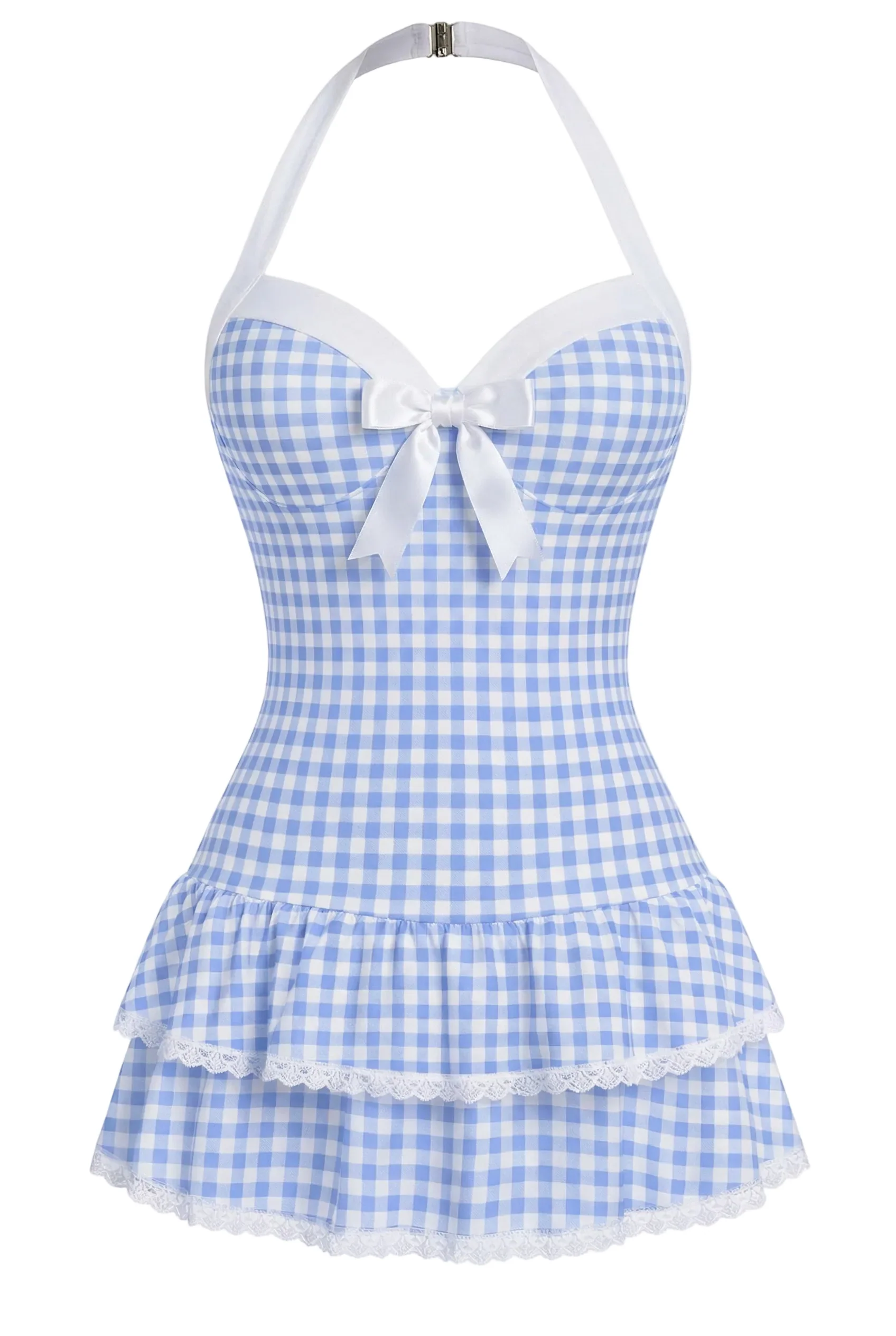 Beige 1940s Halter Polka Dots Bow One-Piece Swimsuit - Image 3