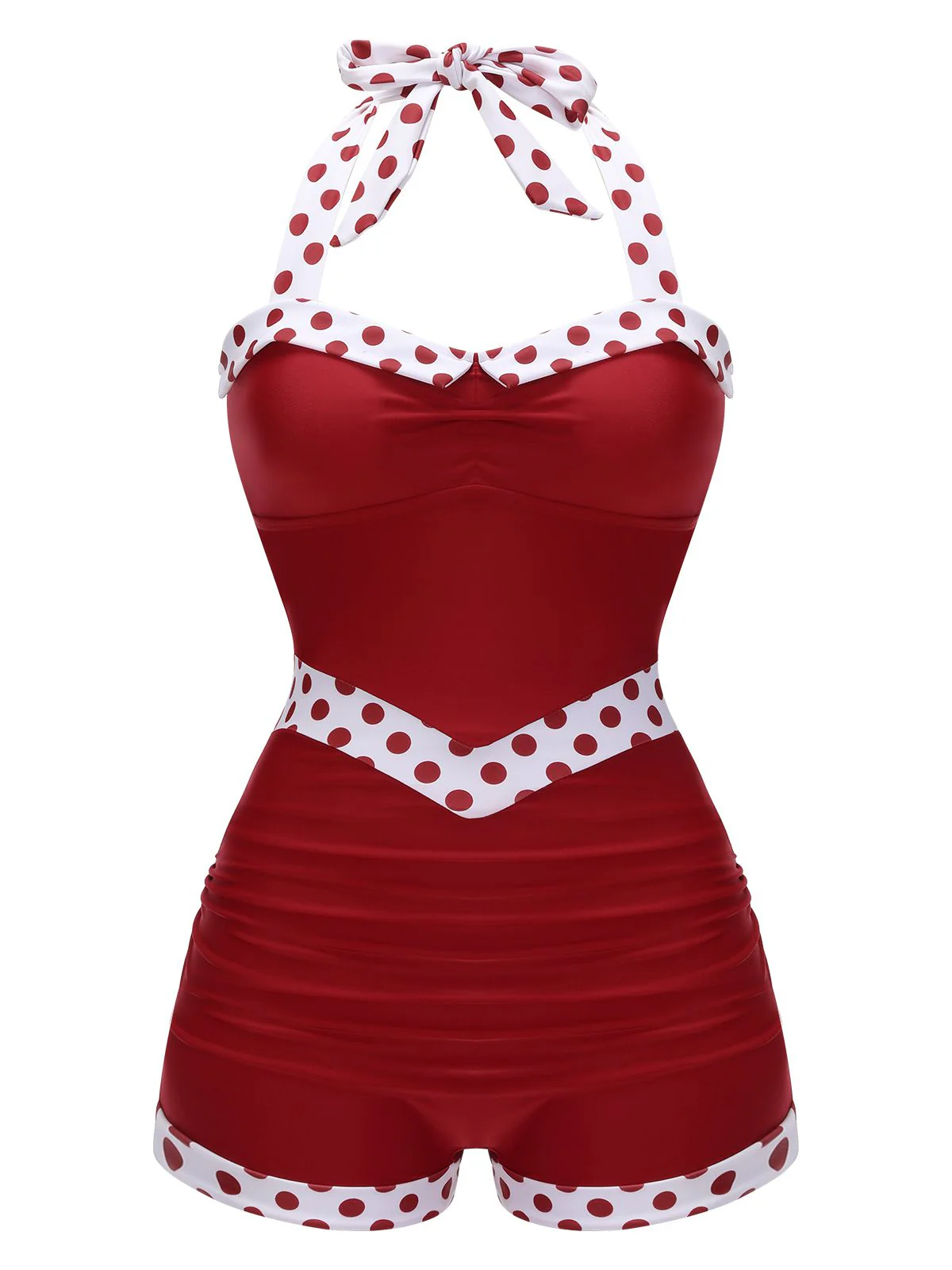 Red 1940s Halter Patchwork One-piece Swimsuit - Image 3