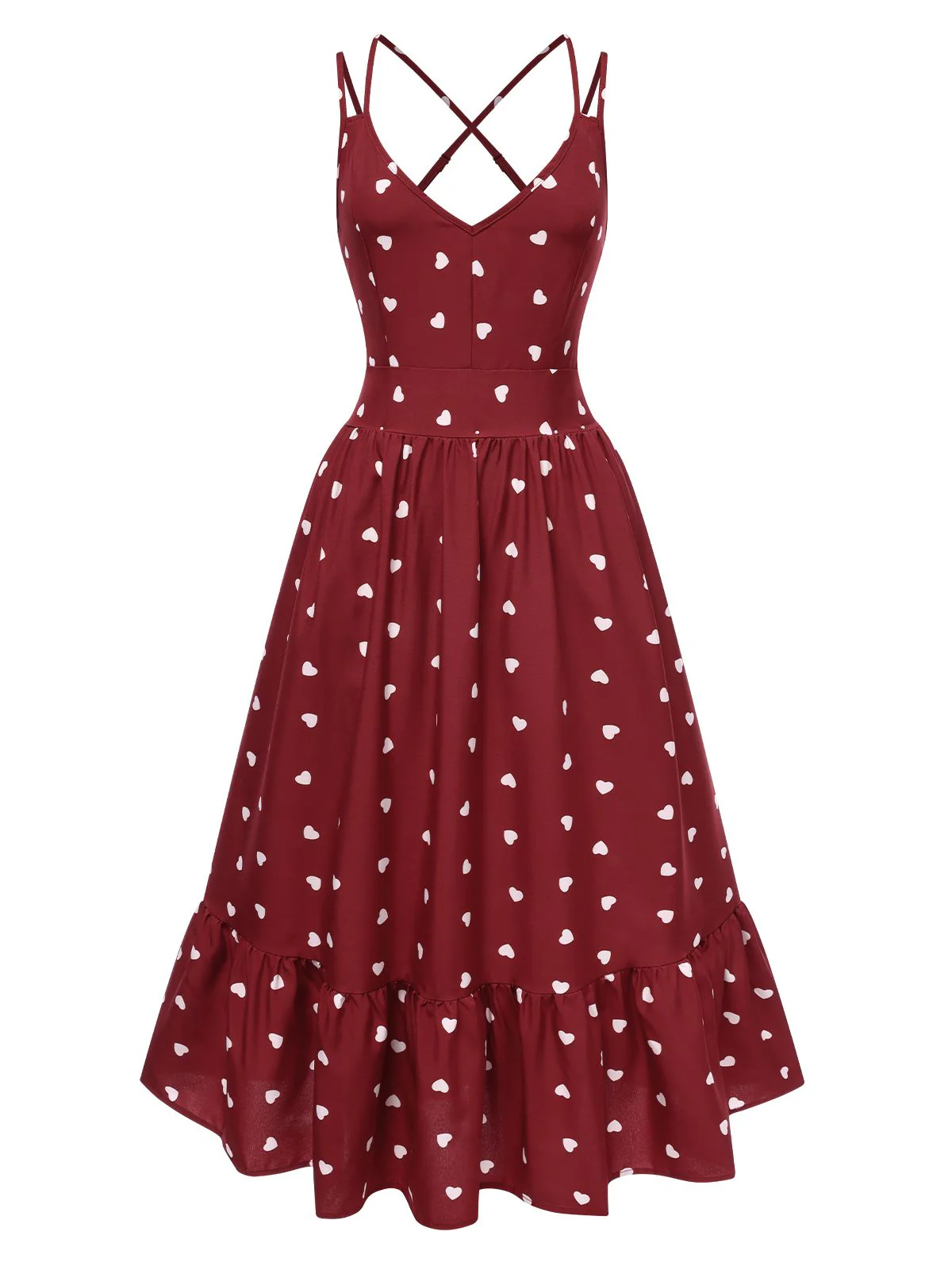 Red 1940s Heart Print V-Neck Sleeveless Dress - Image 2