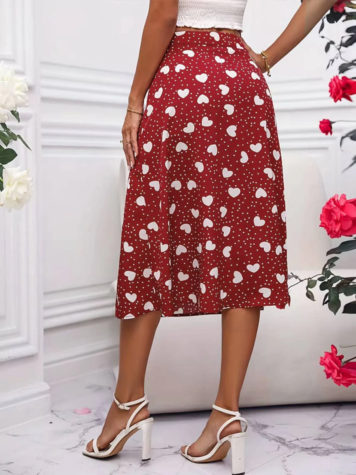Red 1940s Hearts Polka Dot Slit Skirt - Image 2