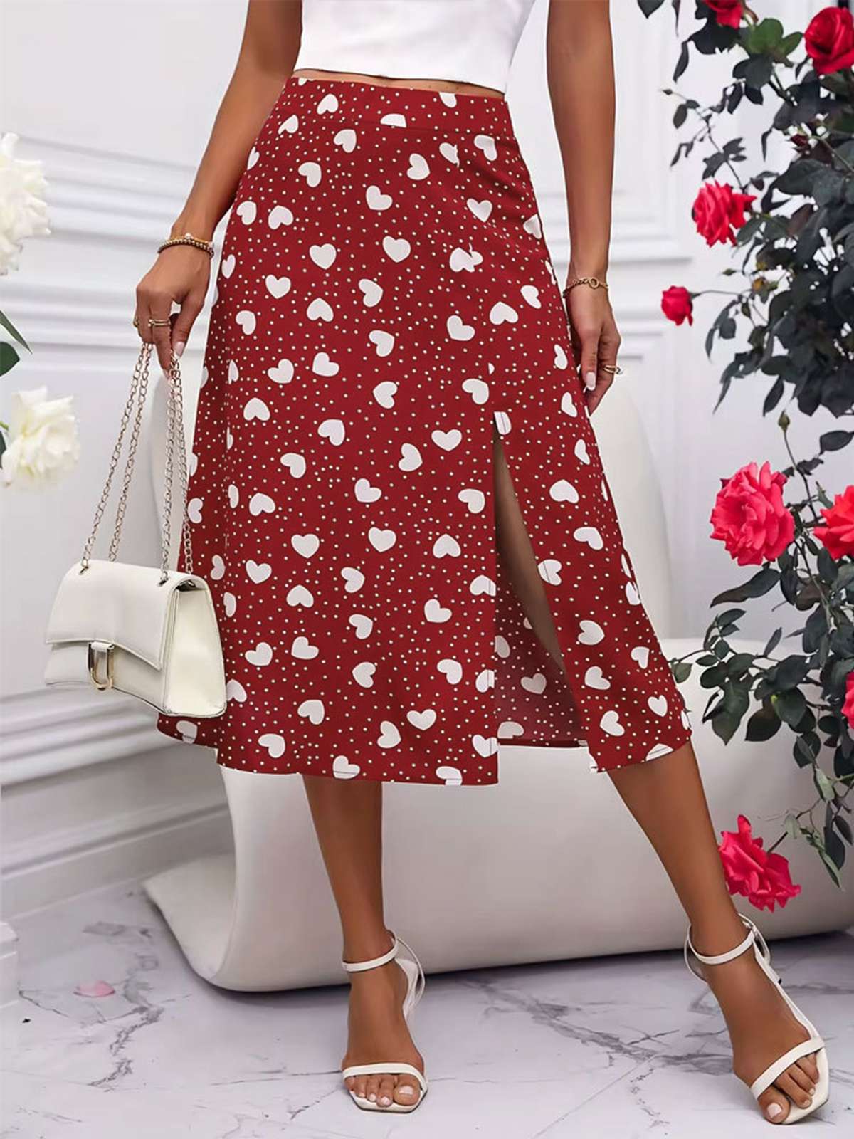 Red 1940s Hearts Polka Dot Slit Skirt - Image 3