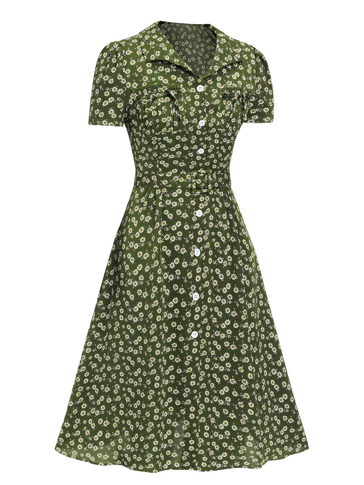 Green 1940s Lapel Buttons Ditsy Floral Dress - Image 4