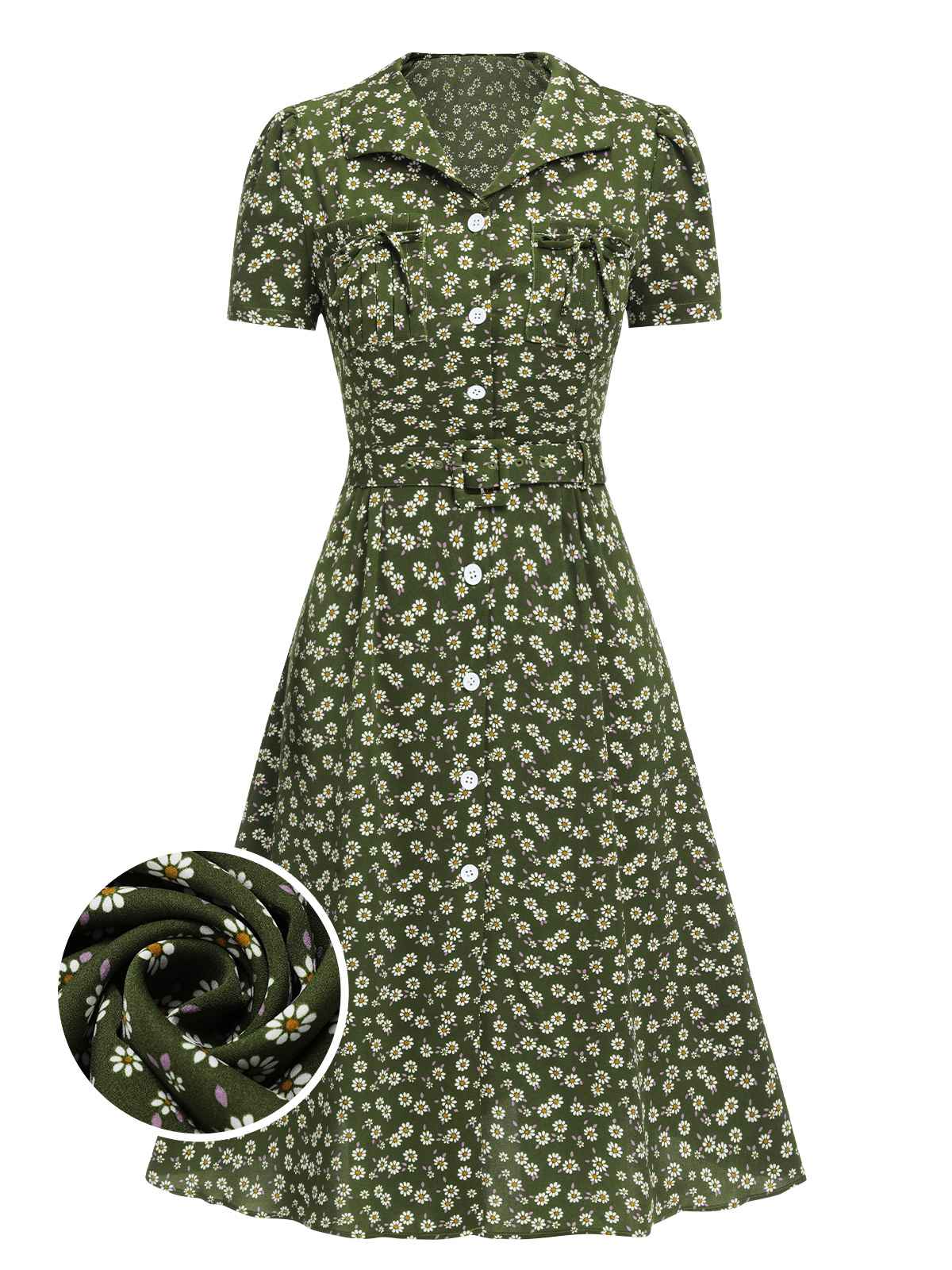 Green 1940s Lapel Buttons Ditsy Floral Dress - Image 2