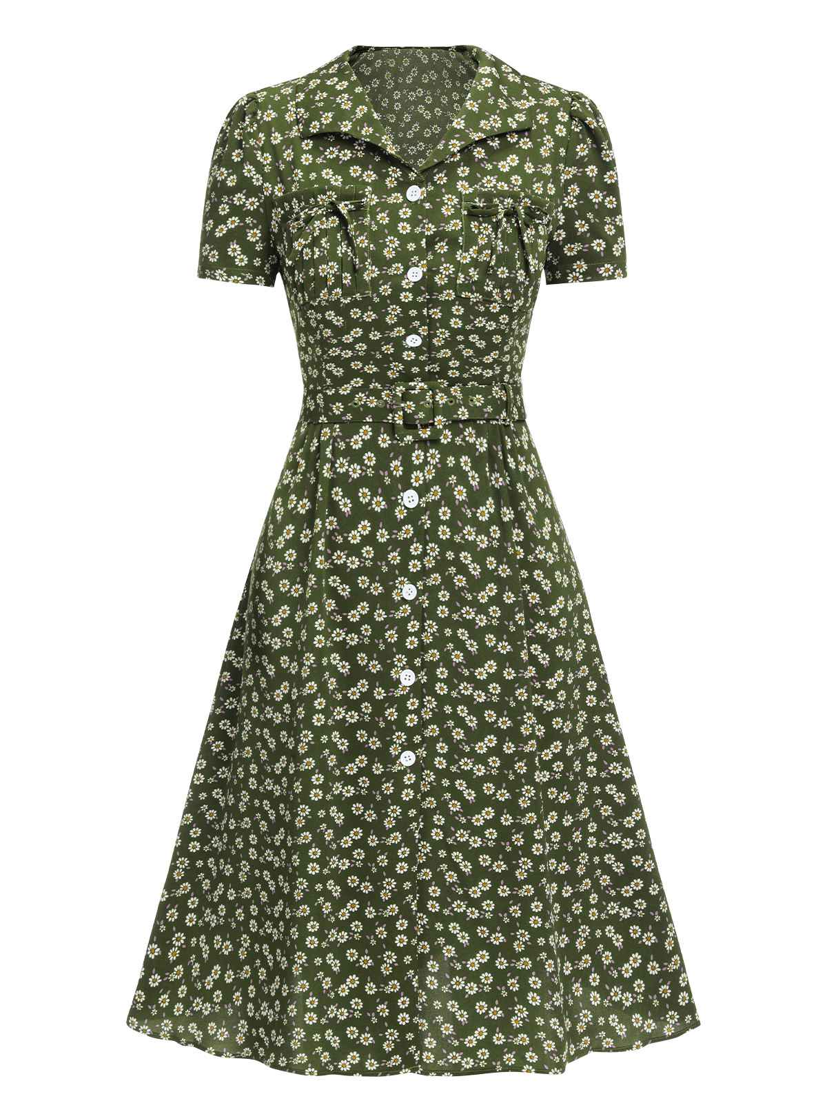 Green 1940s Lapel Buttons Ditsy Floral Dress - Image 3