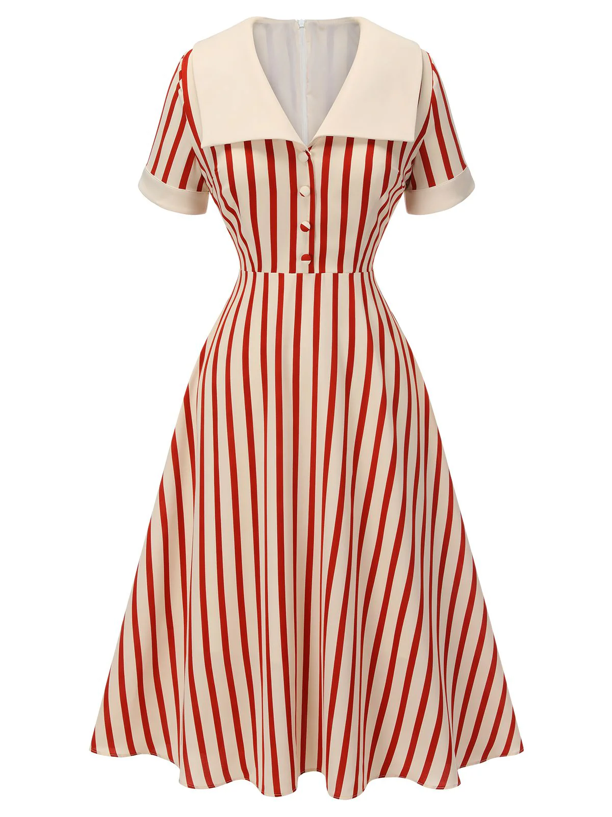 Red 1940s Lapel Vertical Stripes Dress - Image 2