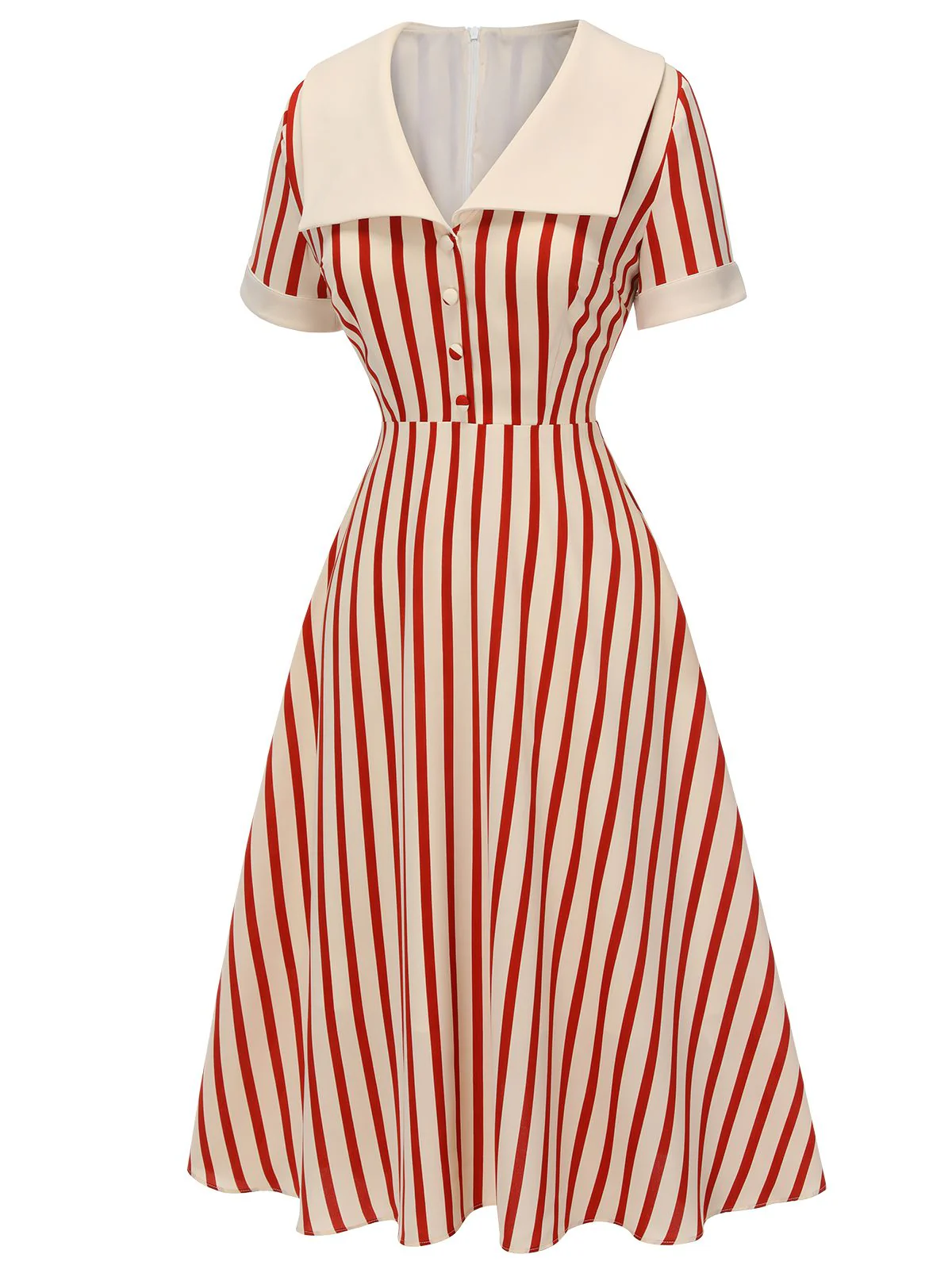 Red 1940s Lapel Vertical Stripes Dress - Image 3