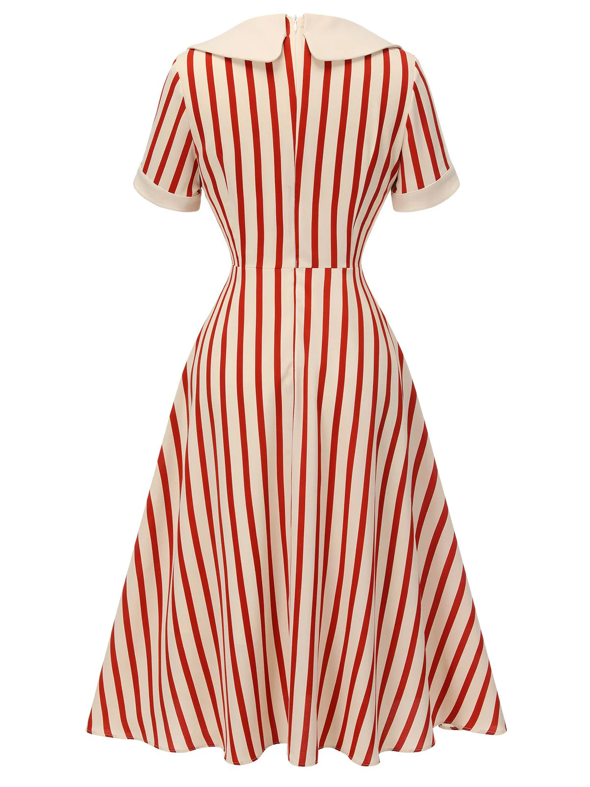Red 1940s Lapel Vertical Stripes Dress - Image 4