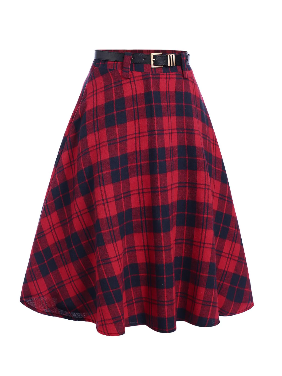 Red 1940s Plaid Belted A-Line Skirt - Image 3