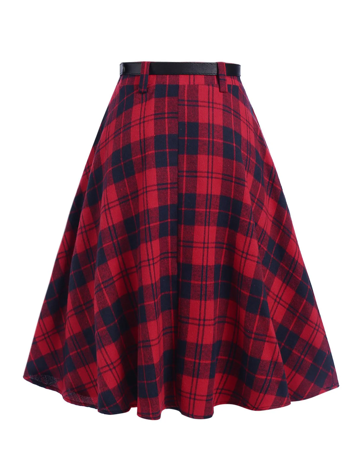 Red 1940s Plaid Belted A-Line Skirt - Image 4