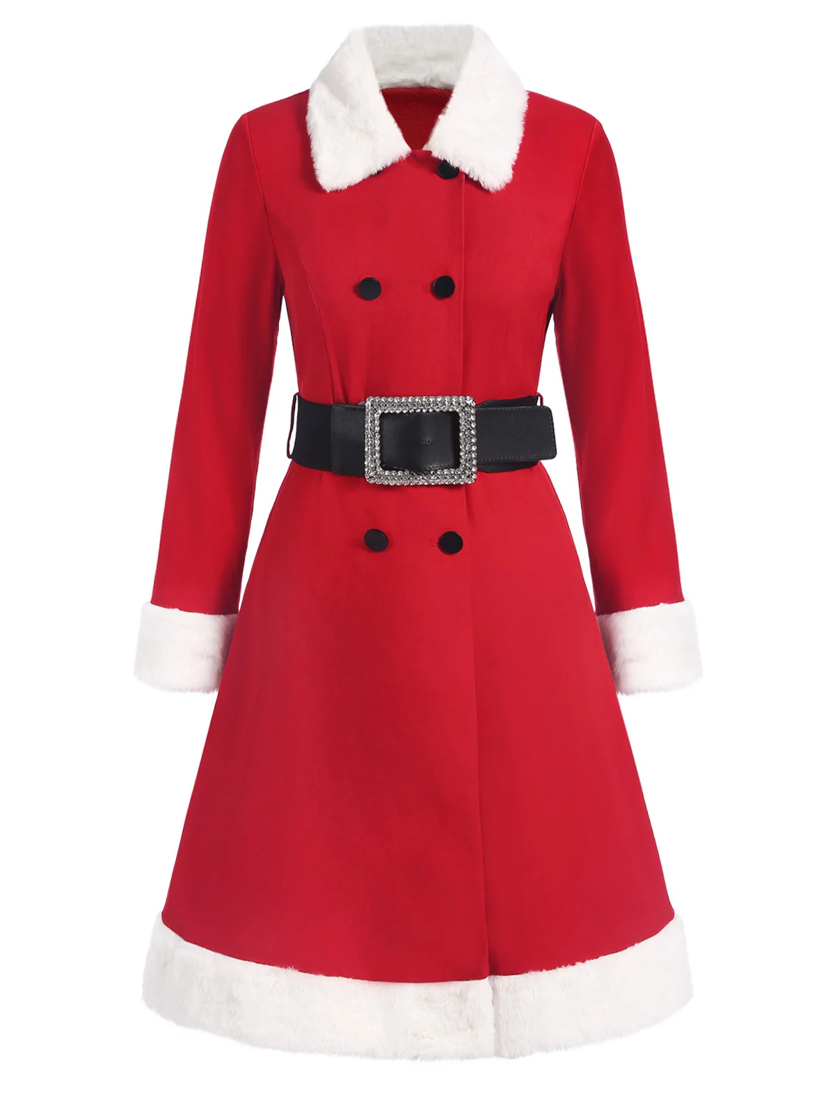 Red 1940s Plush Double-Breasted Belted Coat - Image 2