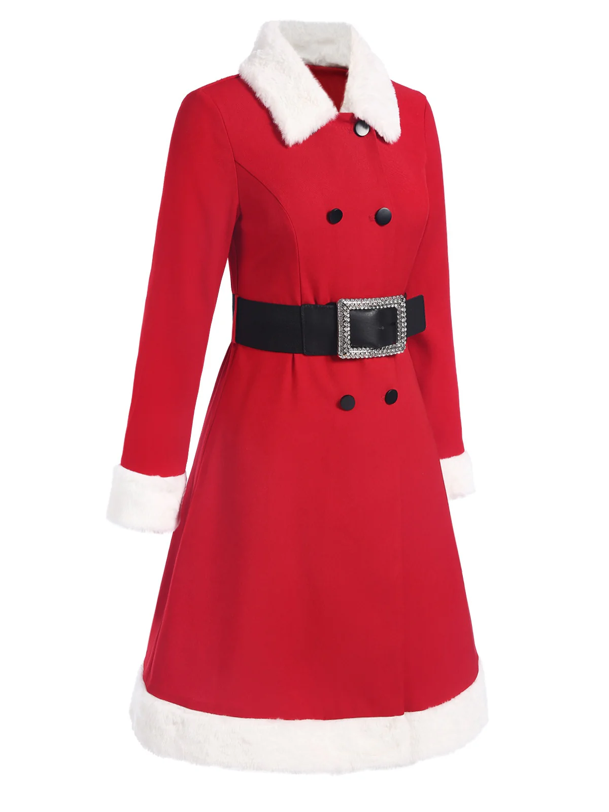 Red 1940s Plush Double-Breasted Belted Coat - Image 3