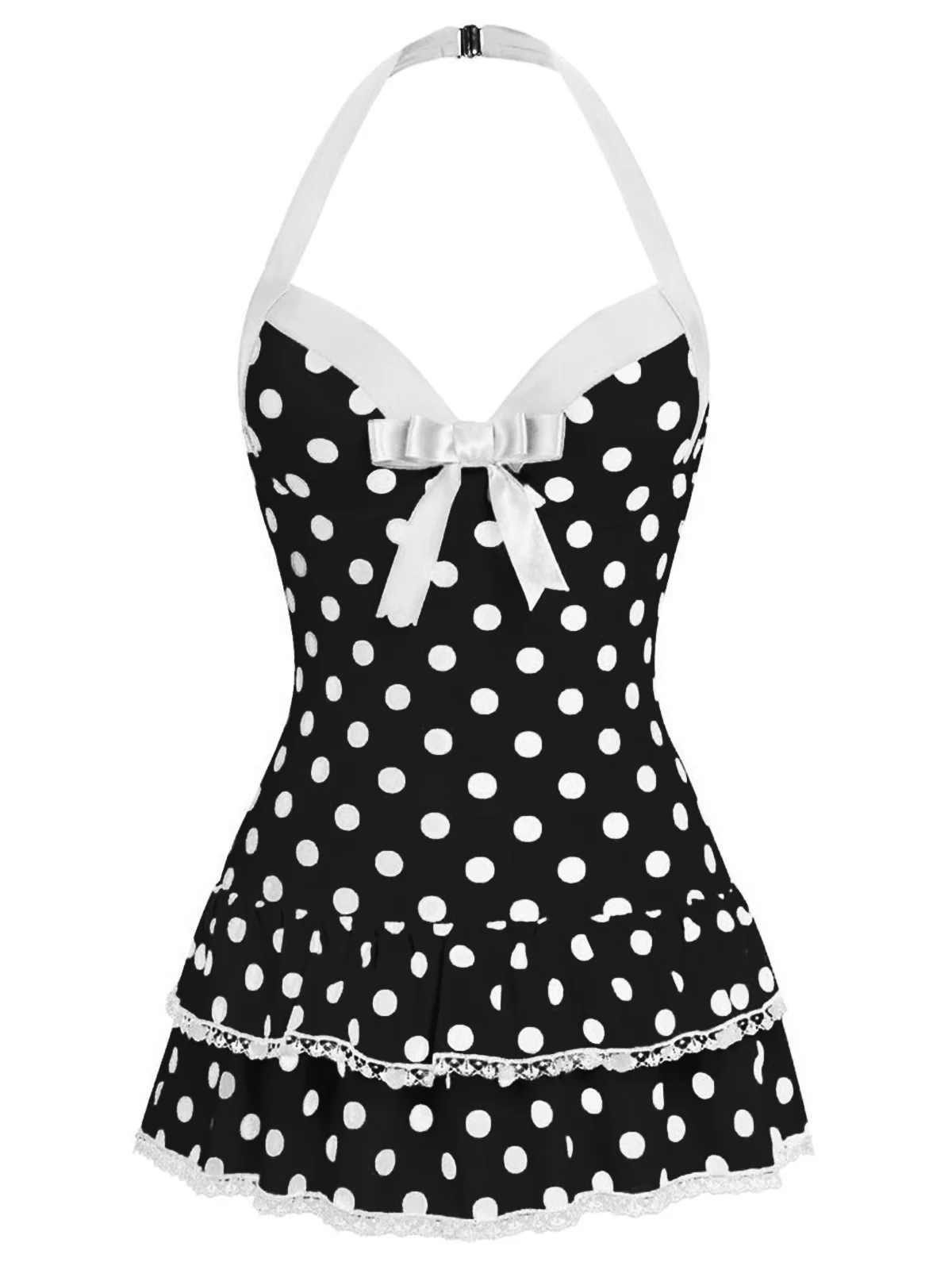 Red 1940s Polka Dots Halter One-Piece Swimsuit - Image 4