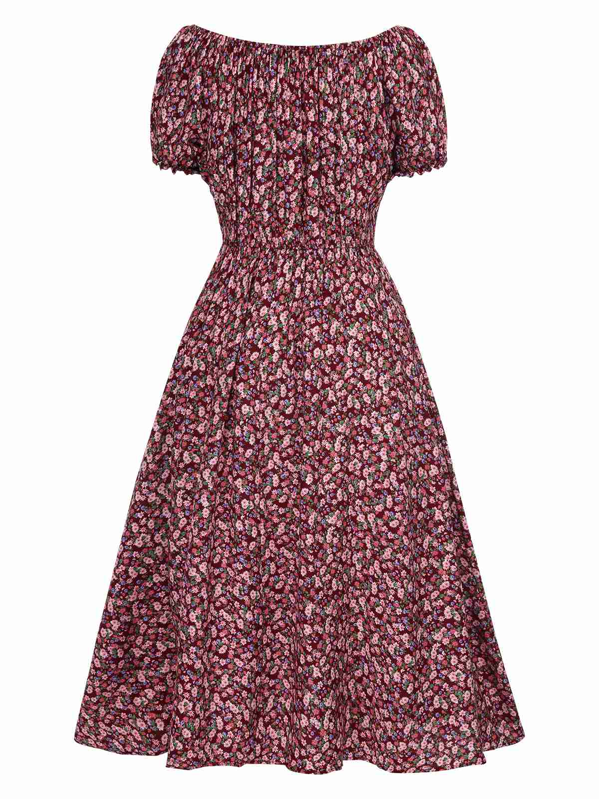 Red 1940s Puff Sleeves Ditsy Floral Dress - Image 2