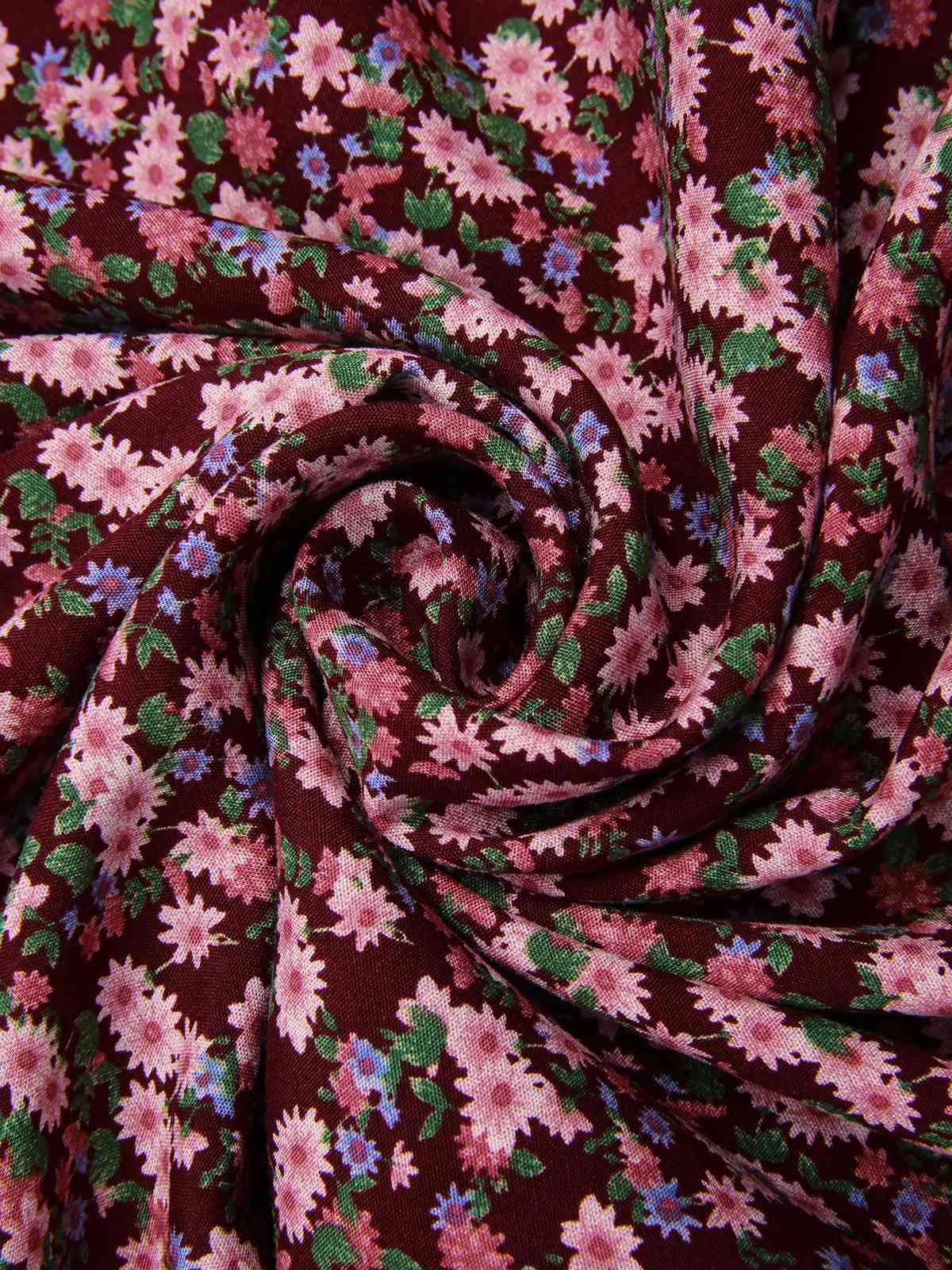 Red 1940s Puff Sleeves Ditsy Floral Dress - Image 3