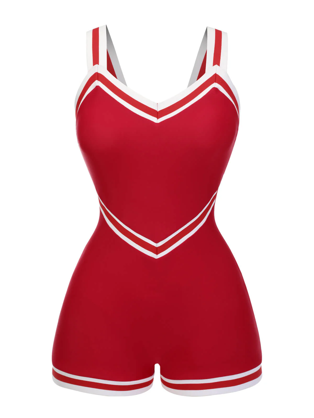 Red 1940s Solid Patchwork V-Neck Swimsuit - Image 2