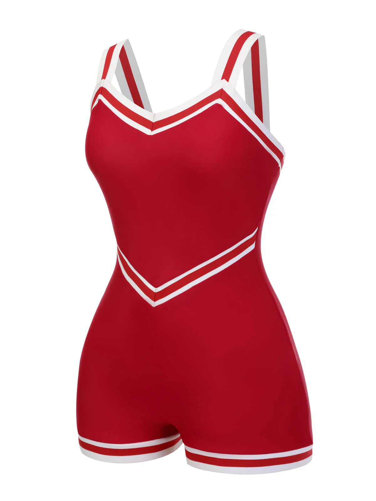 Red 1940s Solid Patchwork V-Neck Swimsuit - Image 4