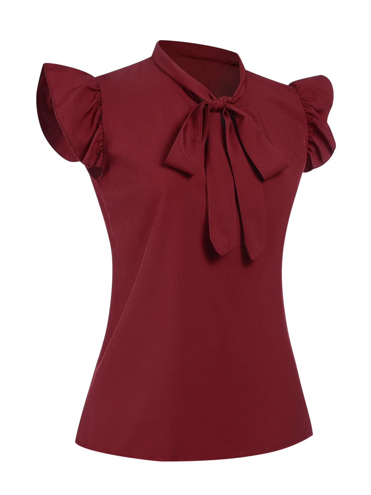 Red 1940s Solid Tie-Neck Ruffle Sleeve Blouse - Image 3