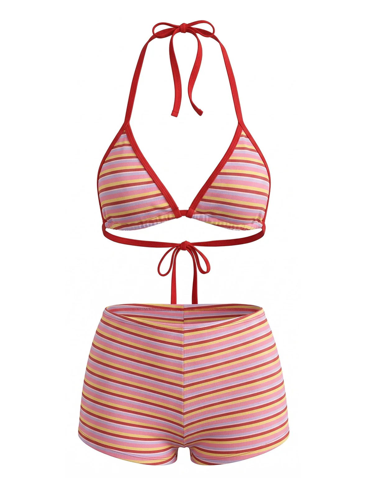 Red 1940s Striped Halter Ribbed Triangle Bikini Set - Image 2