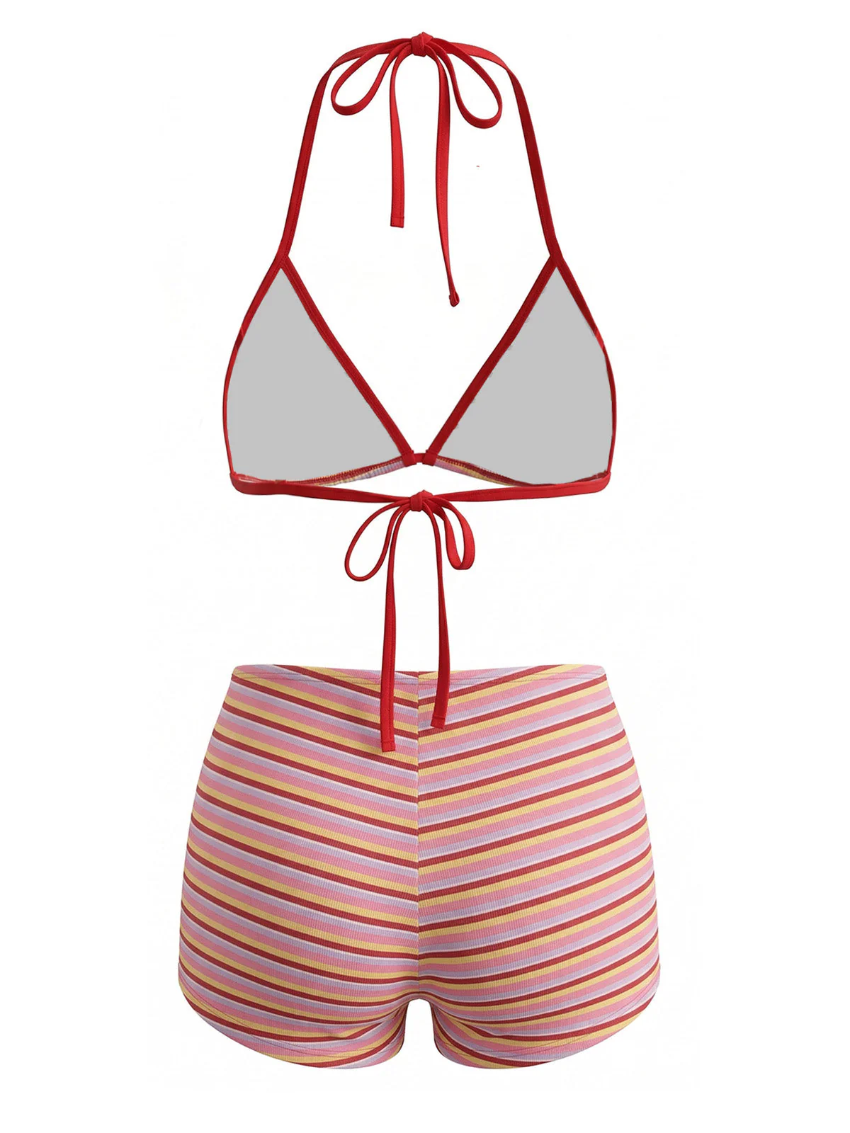 Red 1940s Striped Halter Ribbed Triangle Bikini Set - Image 3
