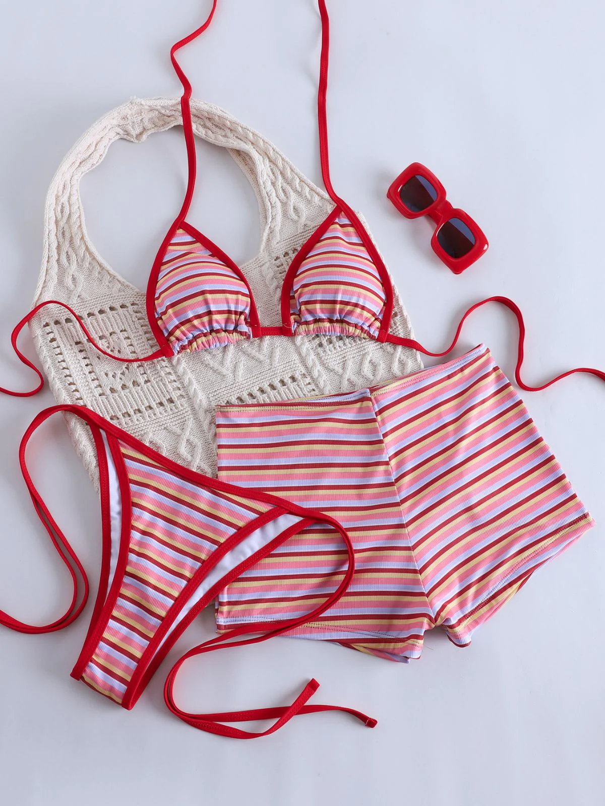 Red 1940s Striped Halter Ribbed Triangle Bikini Set - Image 4