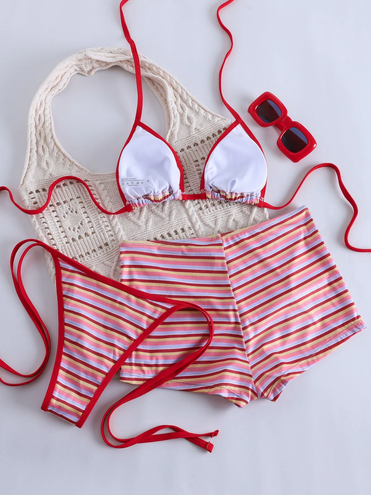 Red 1940s Striped Halter Ribbed Triangle Bikini Set - Image 5