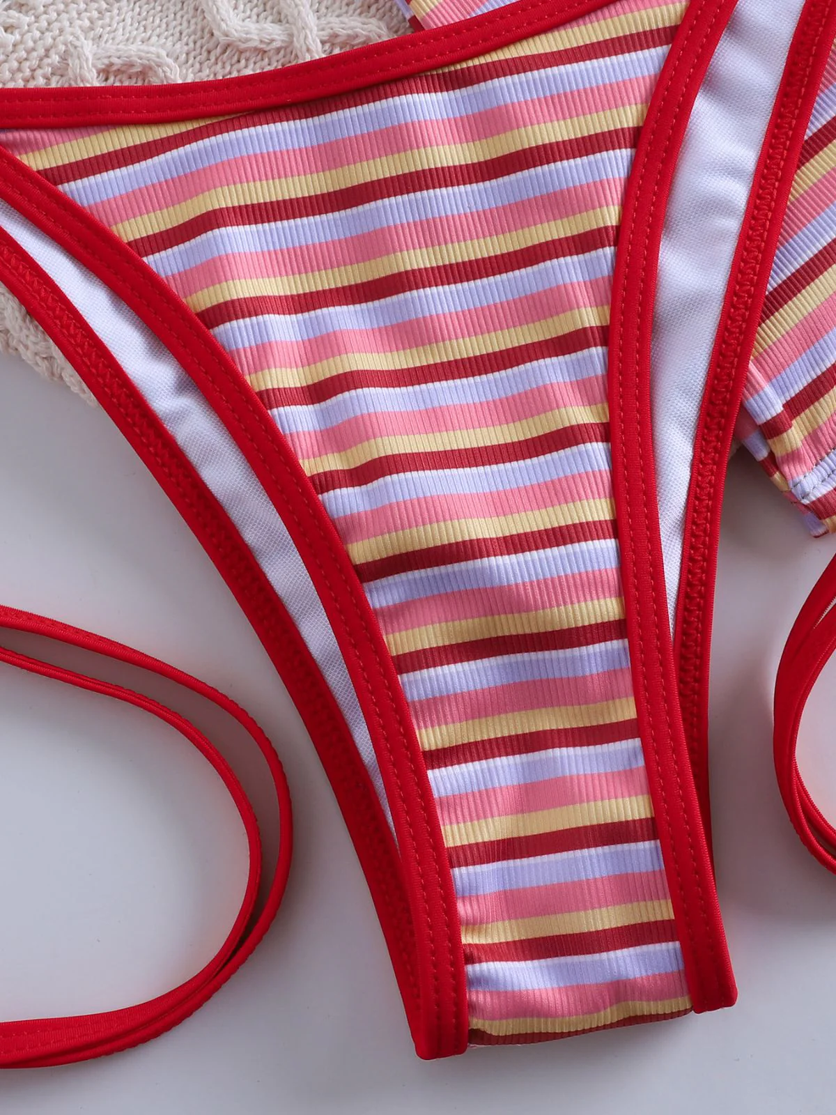 Red 1940s Striped Halter Ribbed Triangle Bikini Set - Image 8
