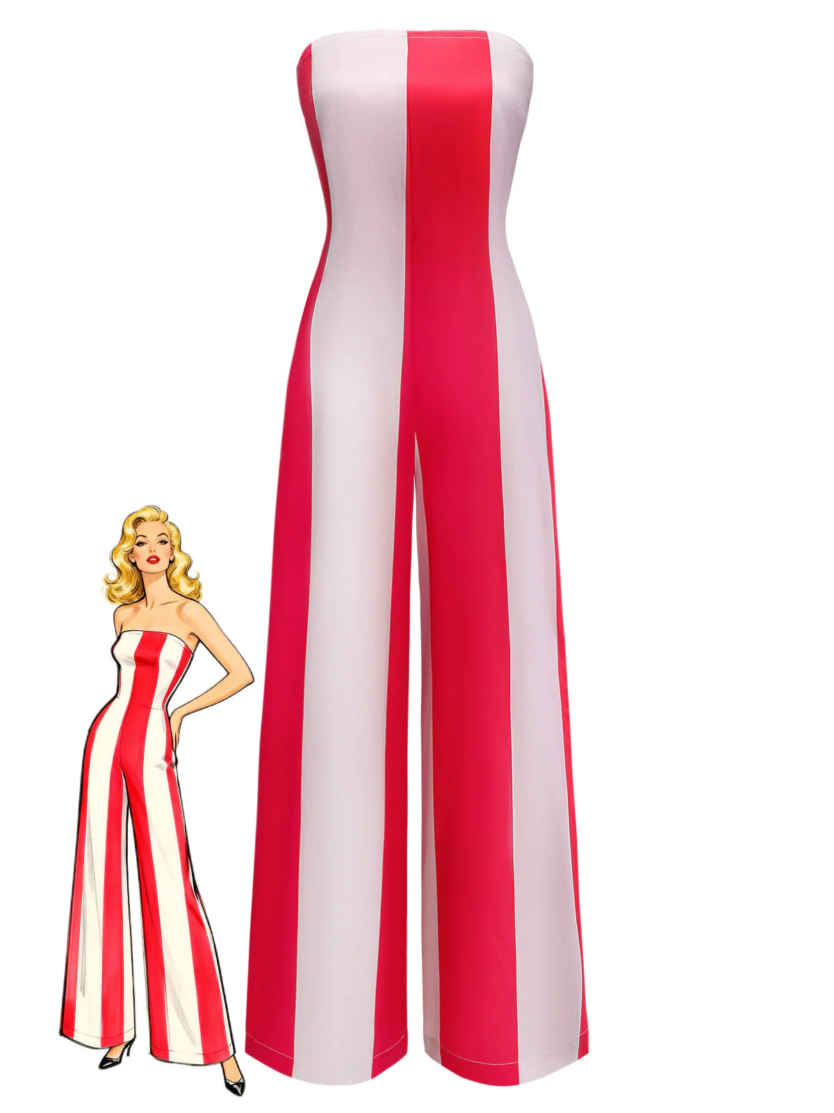 Red 1940s Striped Strapless Wide-Leg Jumpsuit