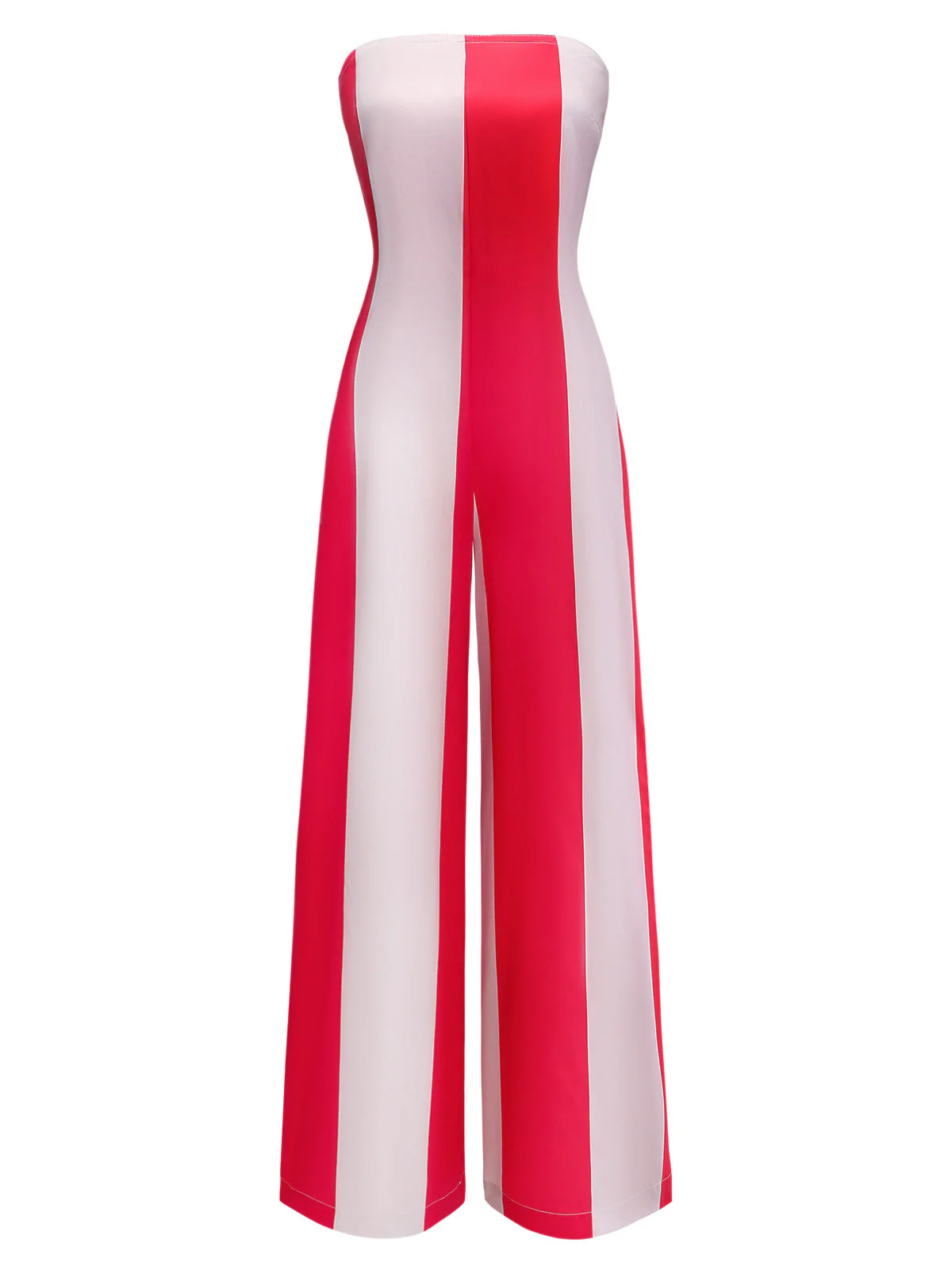Red 1940s Striped Strapless Wide-Leg Jumpsuit - Image 2