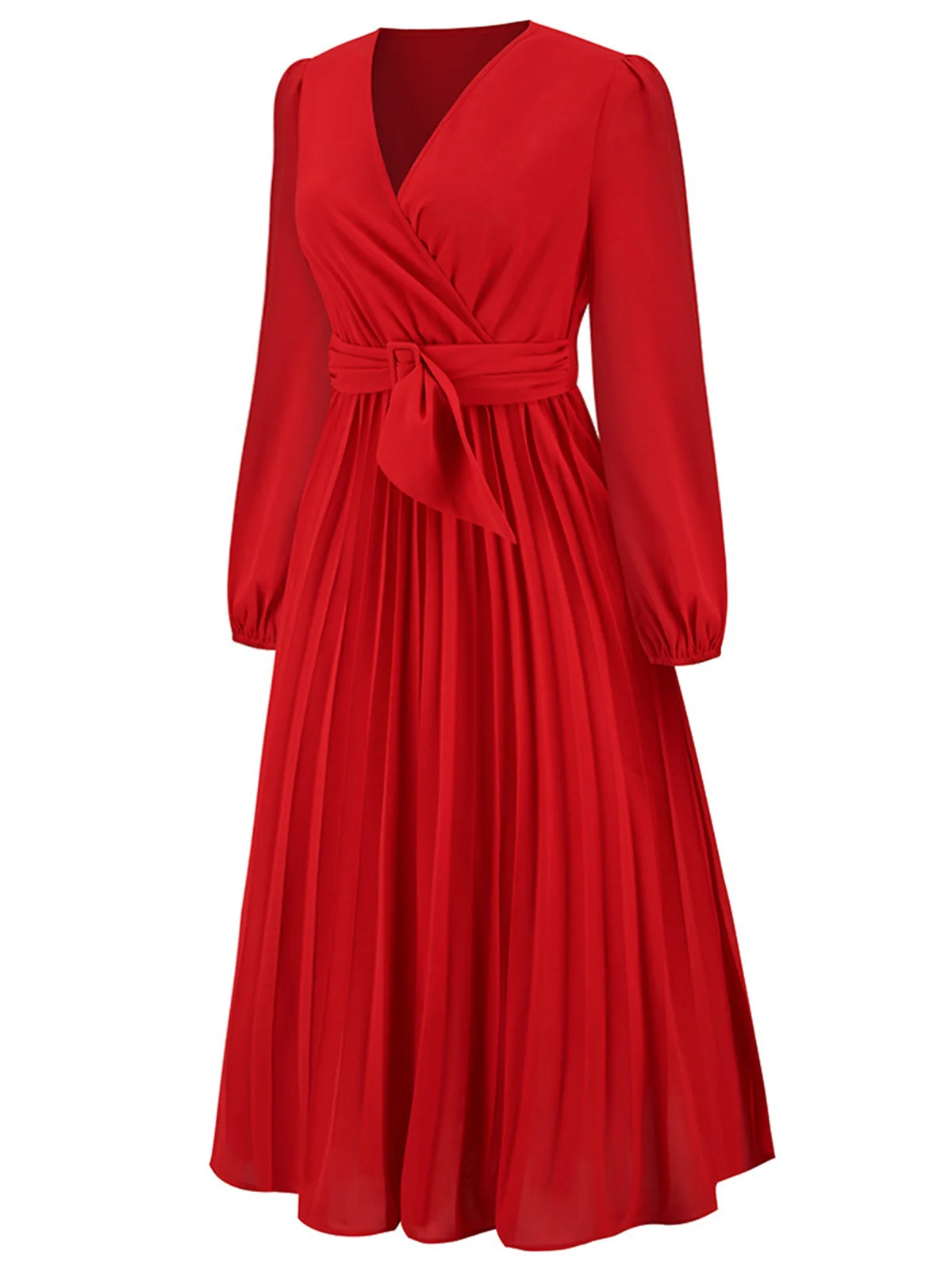 Red 1940s V-Neck Solid Pleated Dress - Image 2