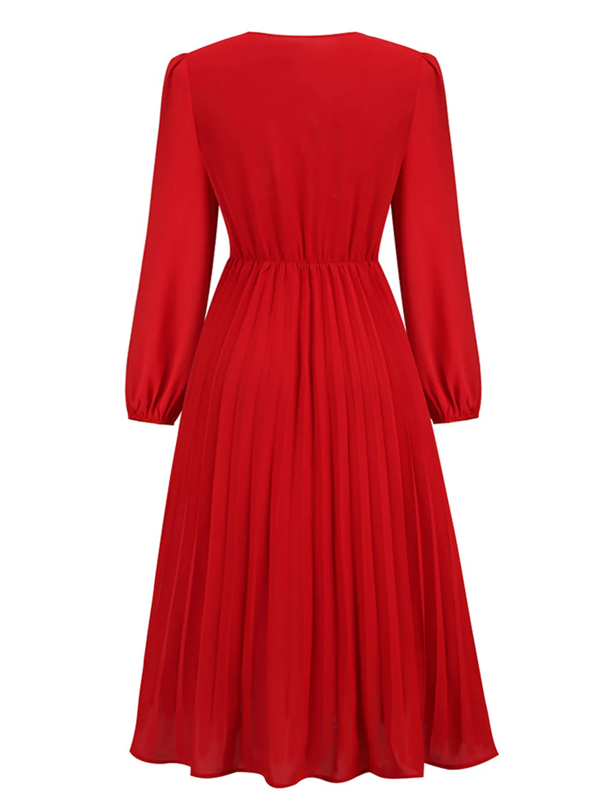 Red 1940s V-Neck Solid Pleated Dress - Image 3