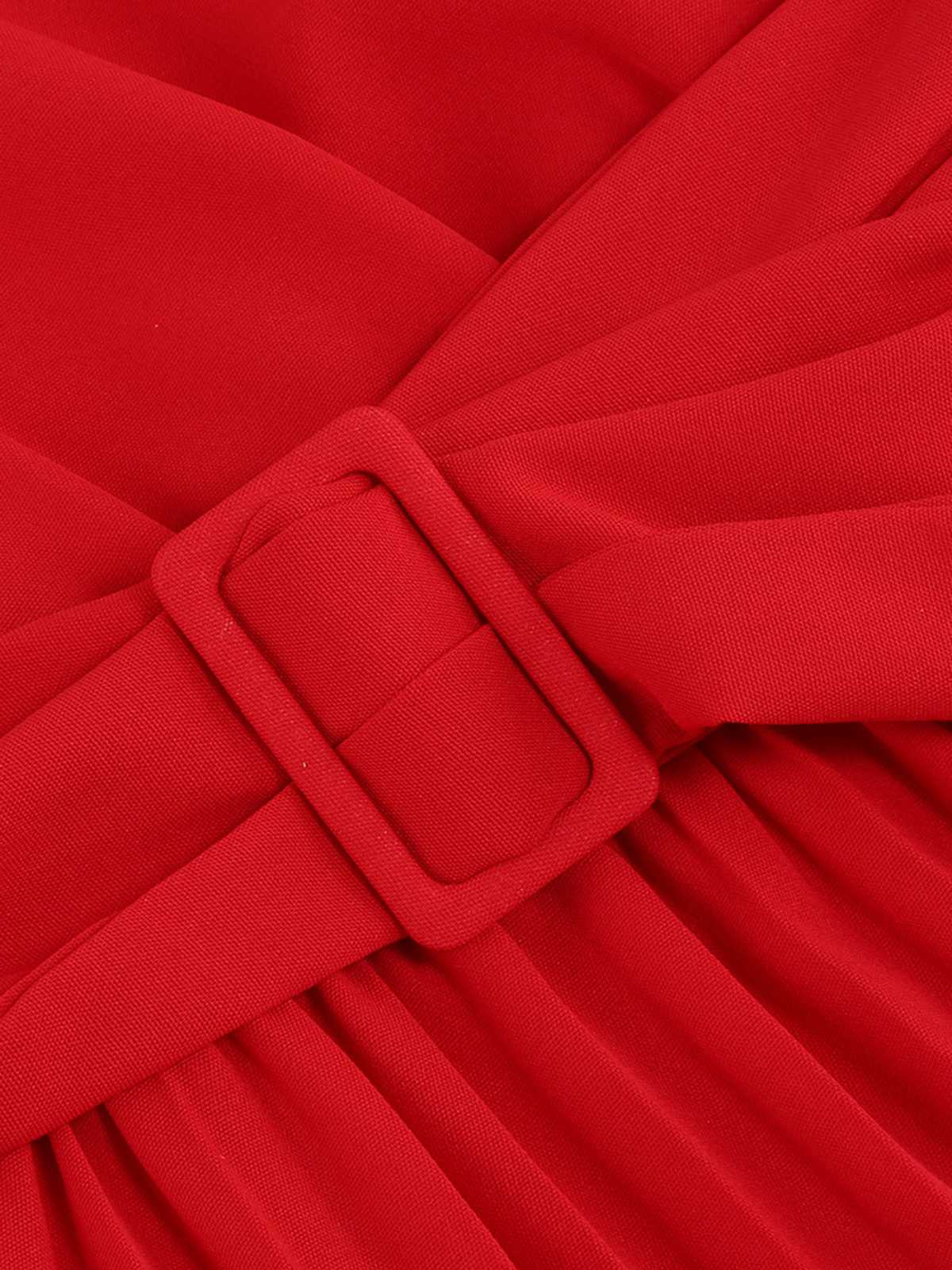 Red 1940s V-Neck Solid Pleated Dress - Image 4
