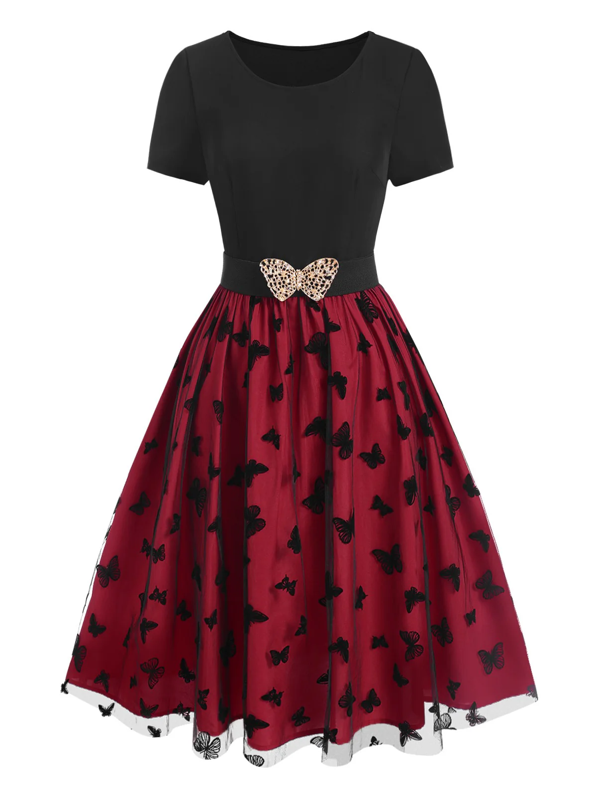 Red 1950s Butterfly Embroidered Mesh Patchwork Dress - Image 2