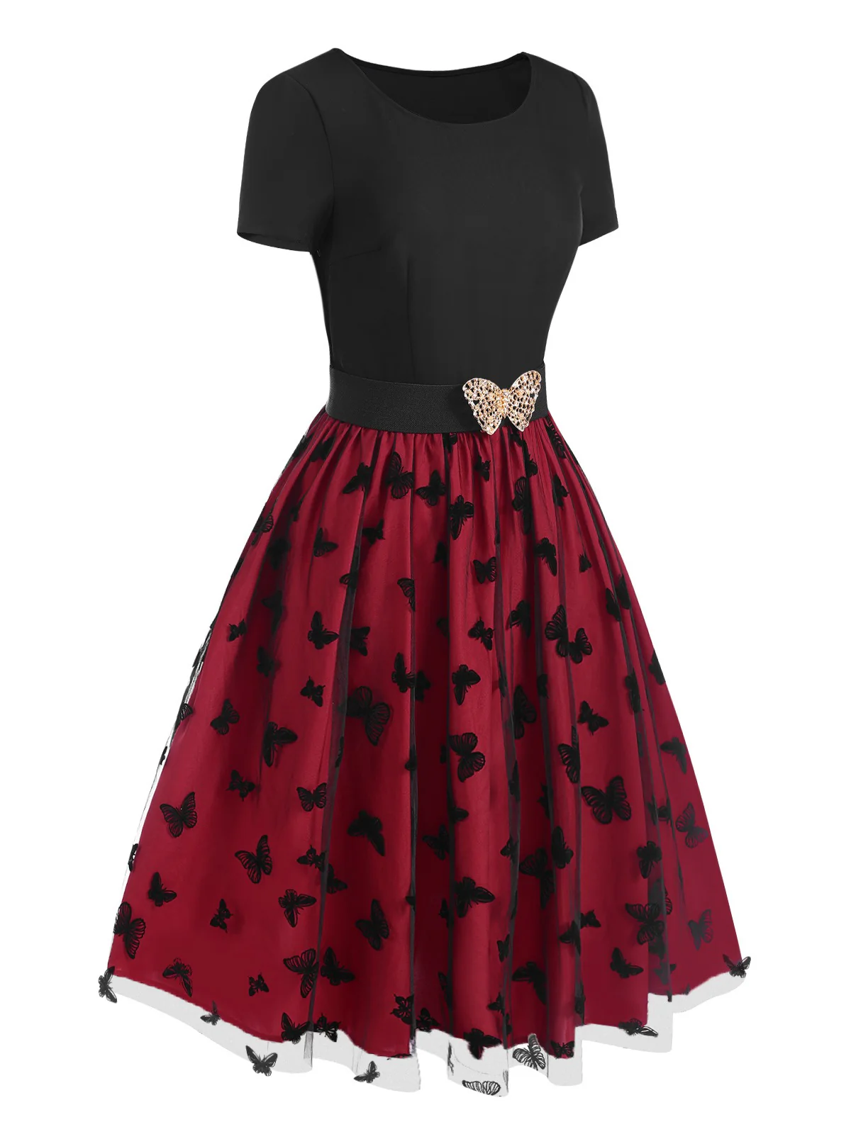 Red 1950s Butterfly Embroidered Mesh Patchwork Dress - Image 3