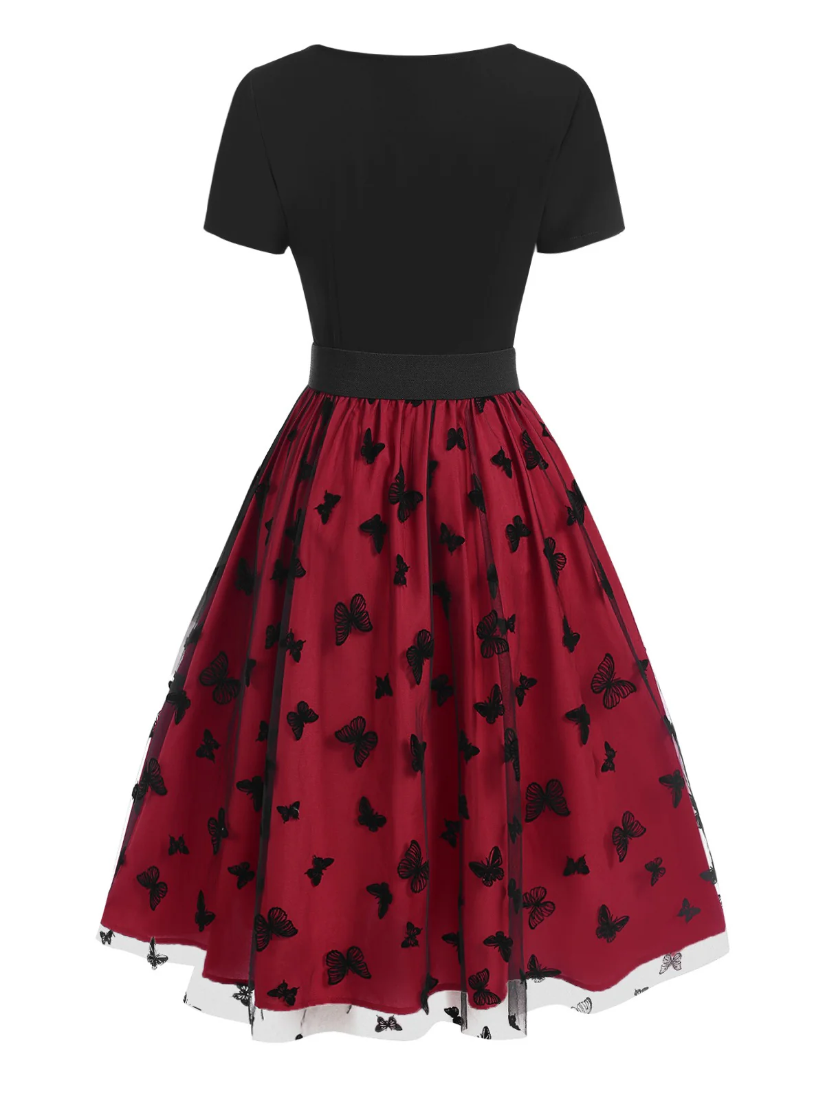 Red 1950s Butterfly Embroidered Mesh Patchwork Dress - Image 4